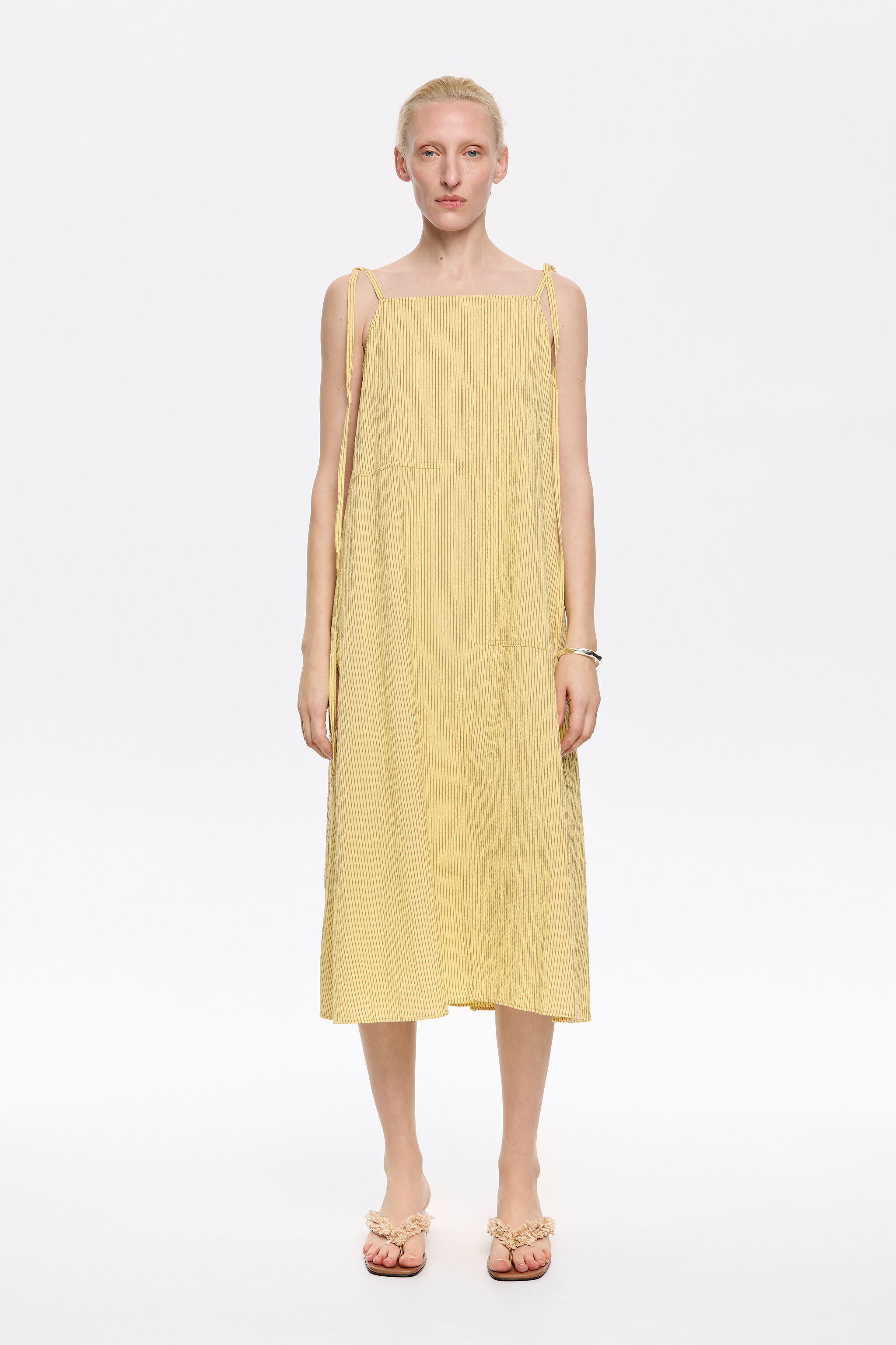 Yellow striped A-line midi dress