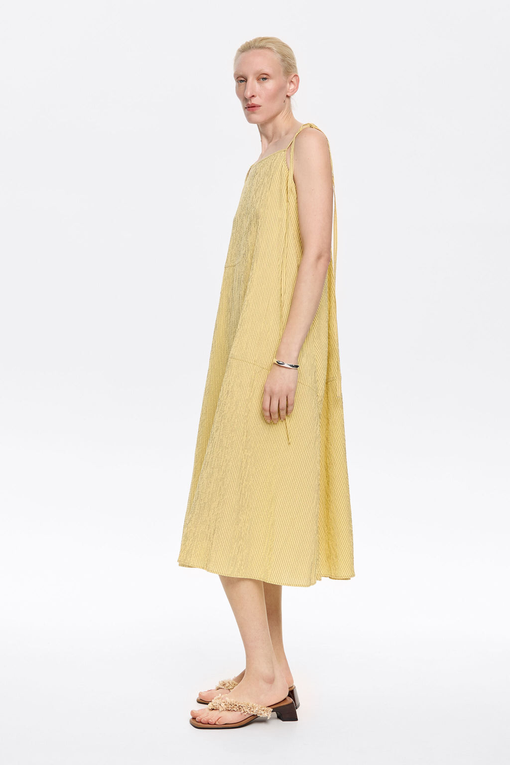 Yellow striped A-line midi dress