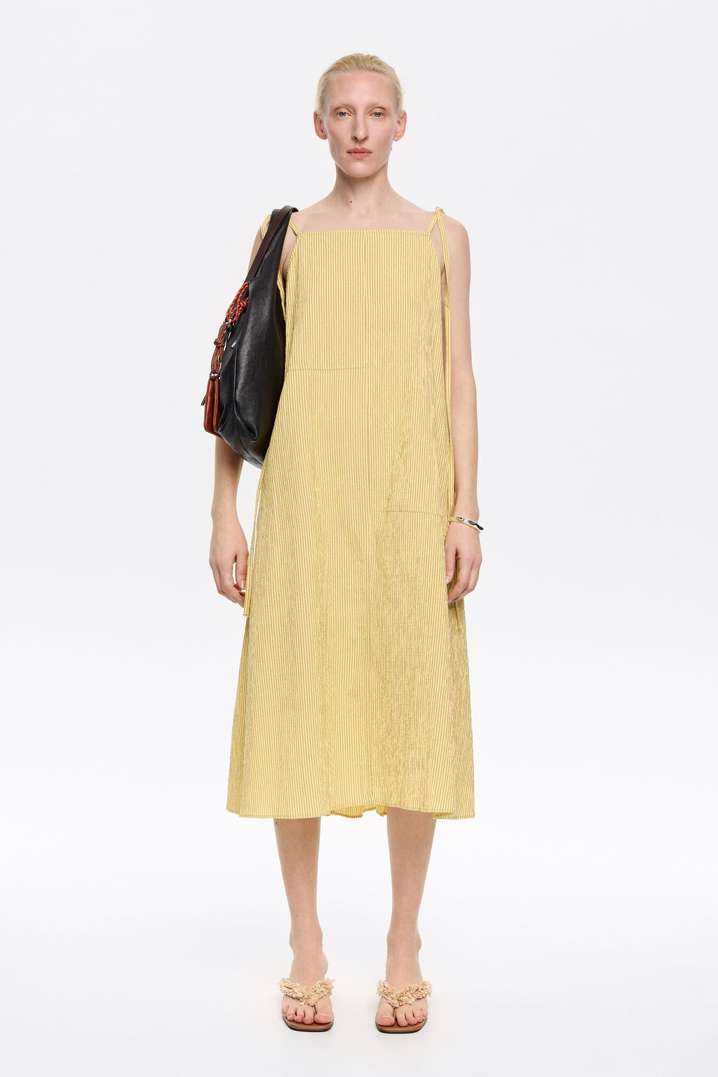 Yellow striped A-line midi dress