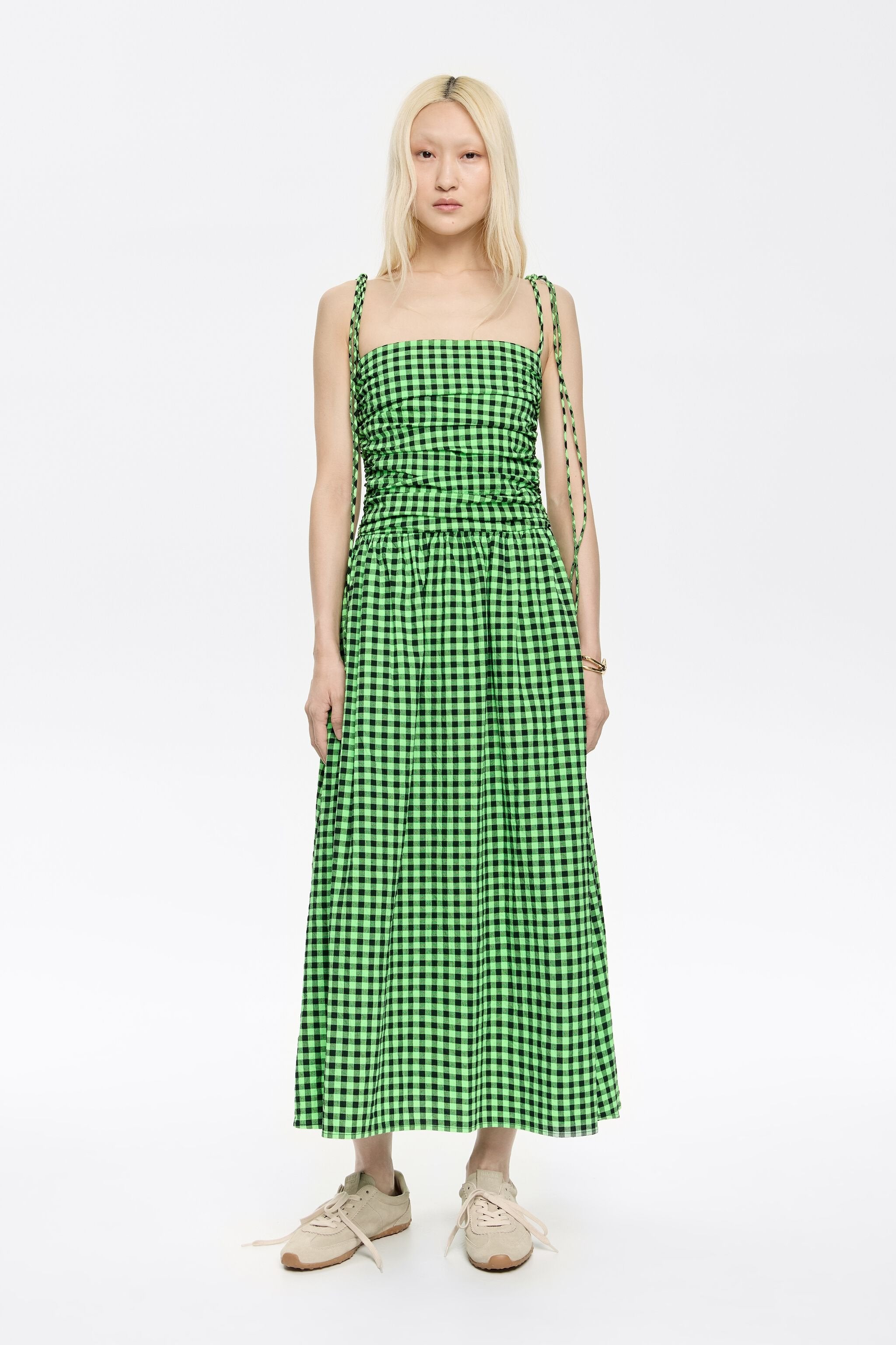 Neon green checked textured dress