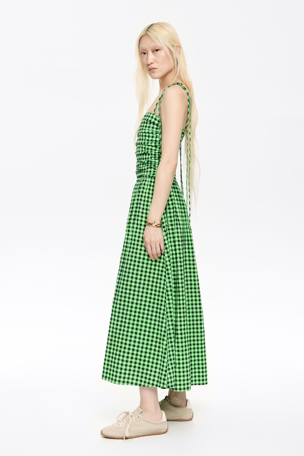 Neon green checked textured dress