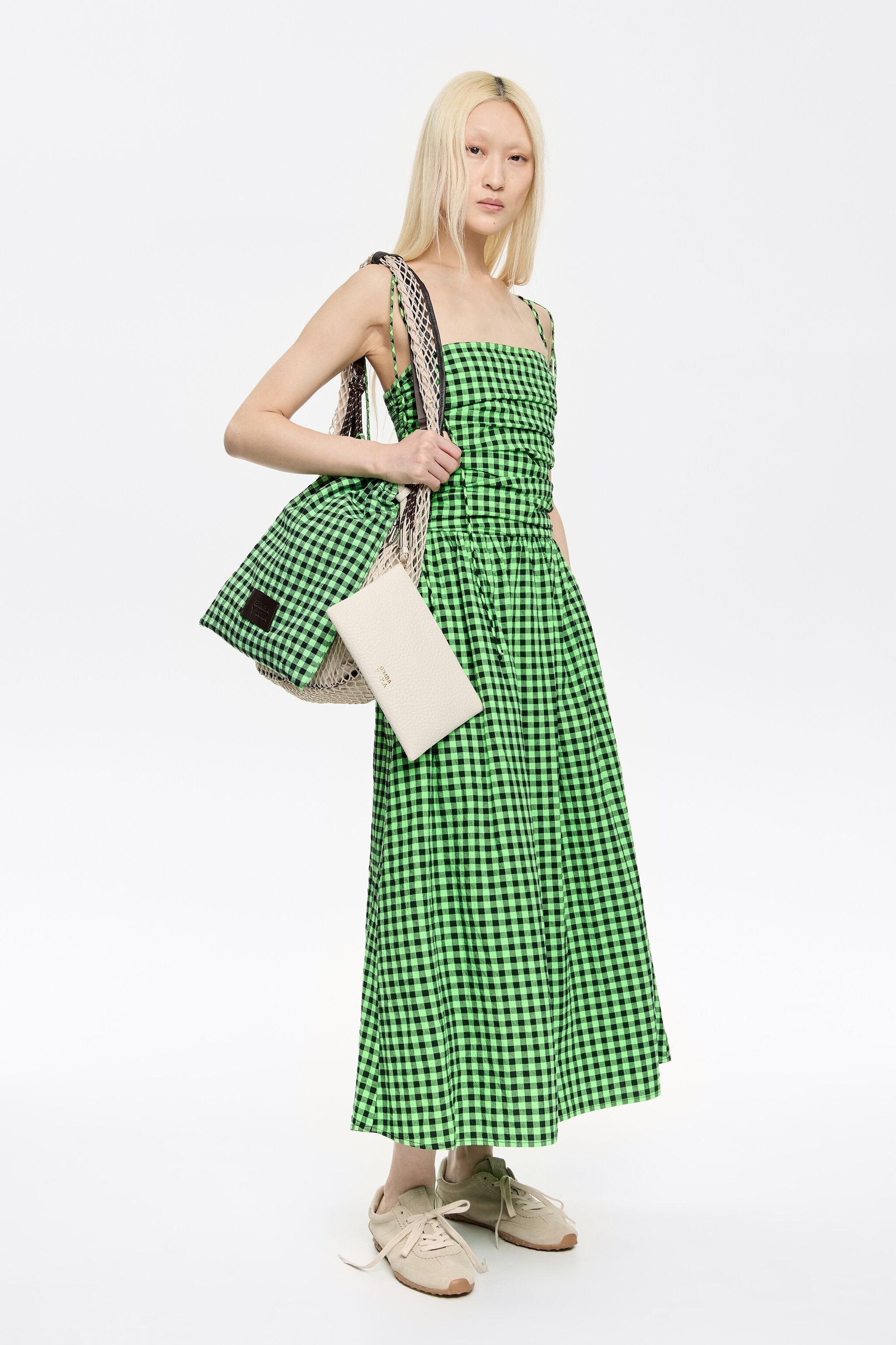 Neon green checked textured dress