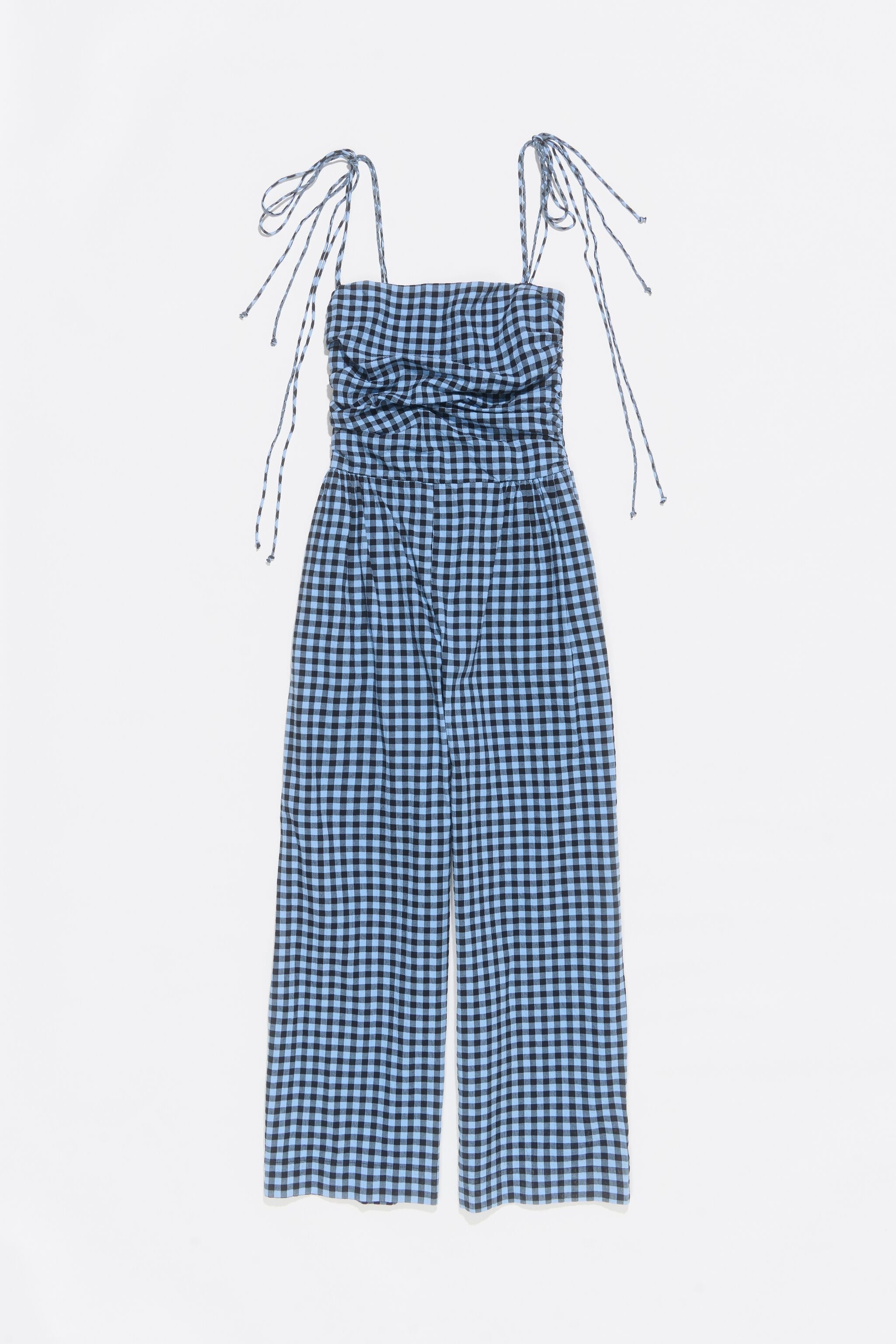 Powder blue checked textured jumpsuit