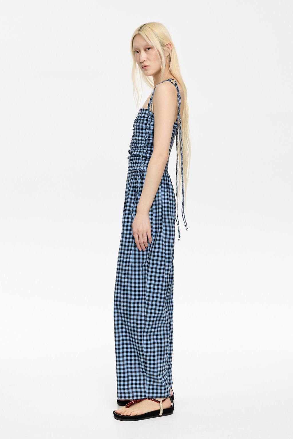 Powder blue checked textured jumpsuit