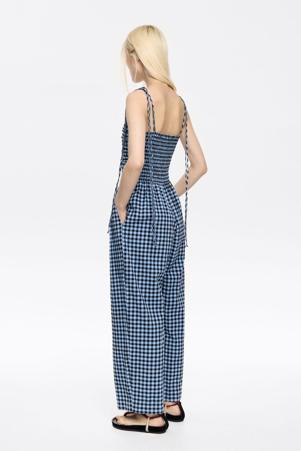 Powder blue checked textured jumpsuit