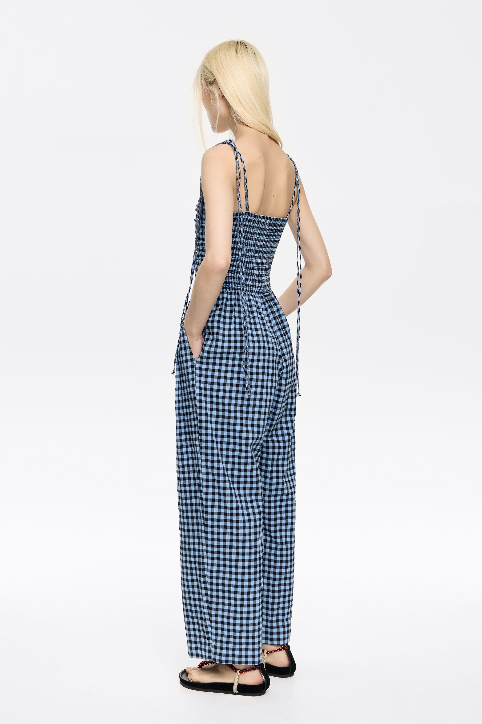 Powder blue checked textured jumpsuit