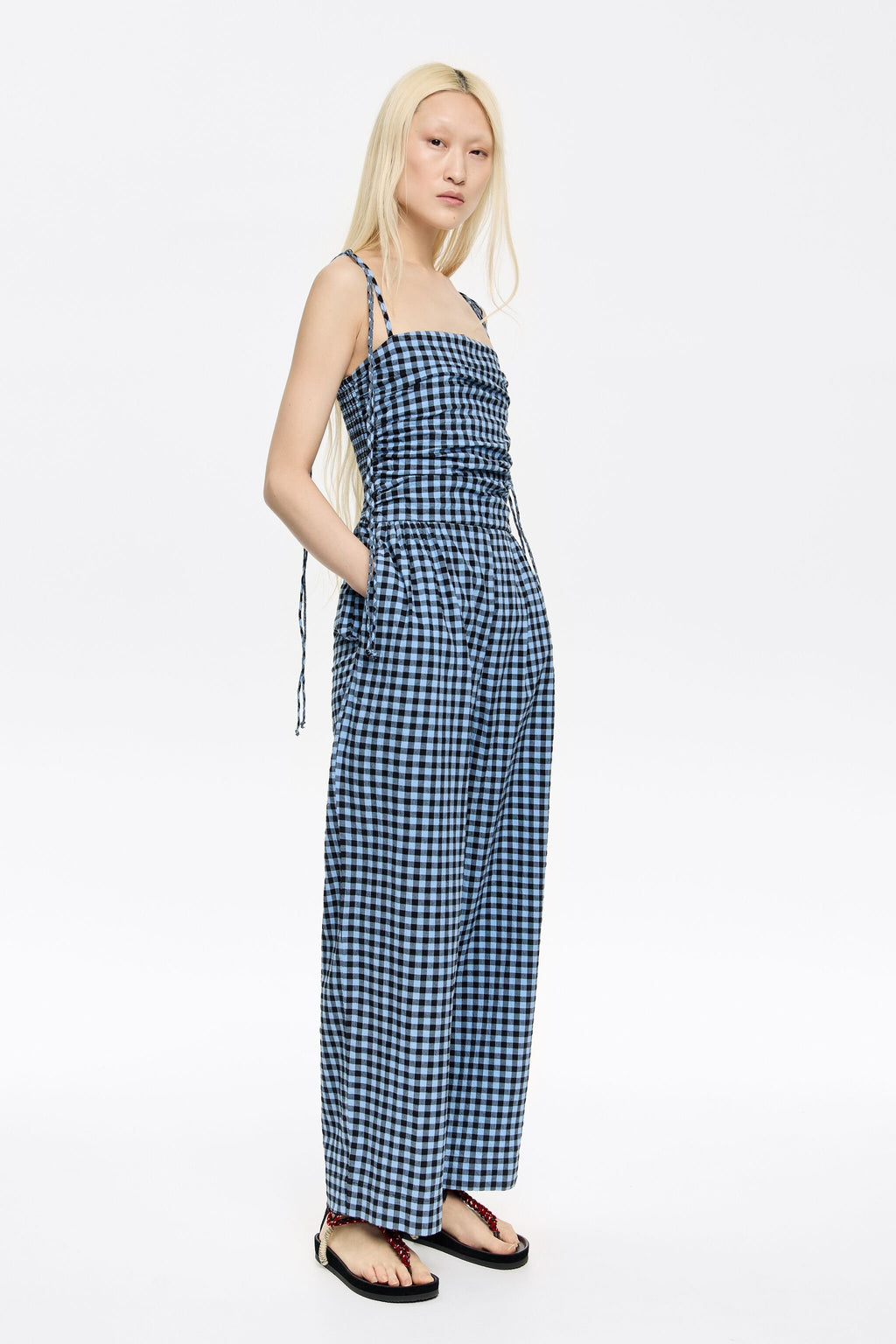 Powder blue checked textured jumpsuit
