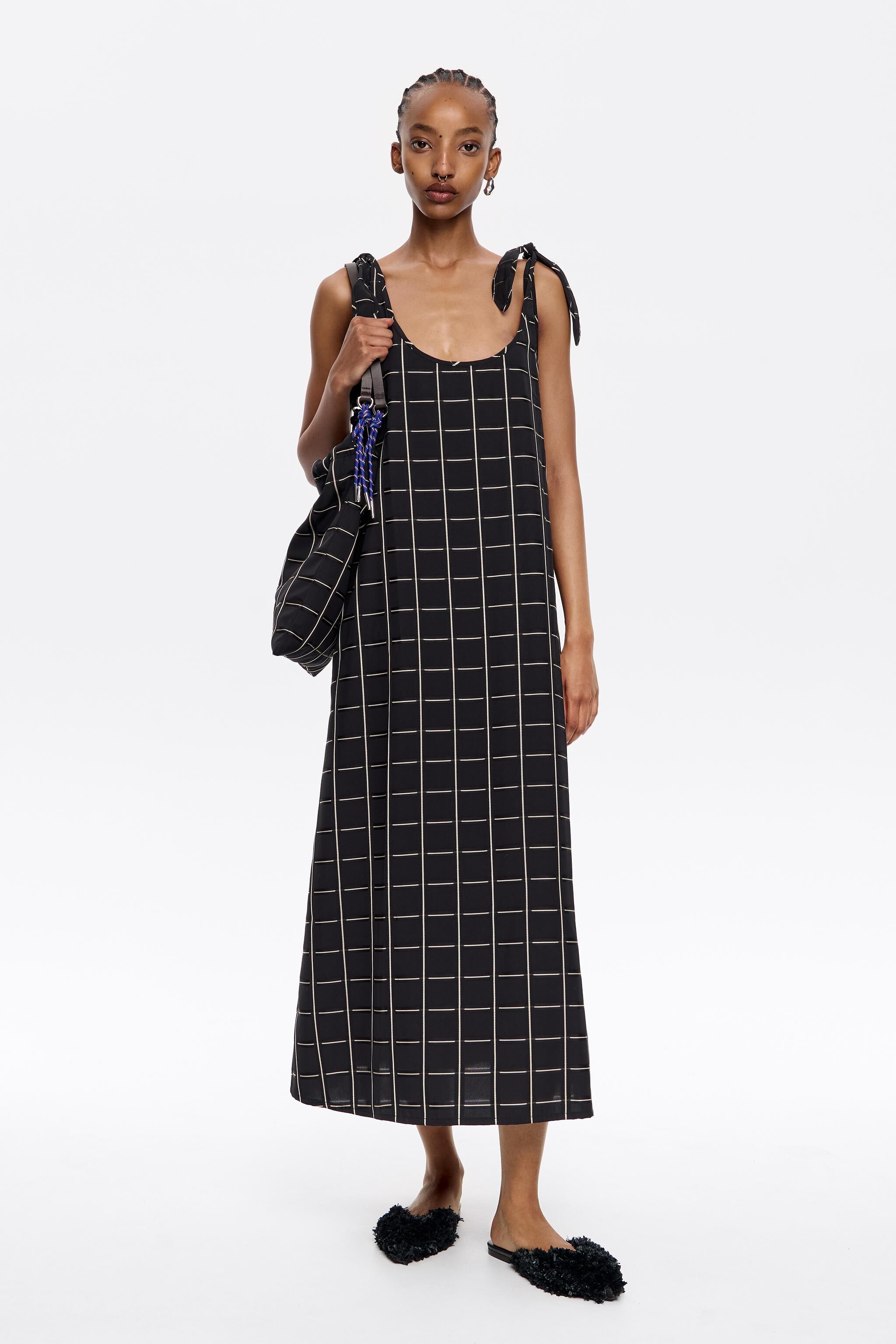Black checked A-line tie dress