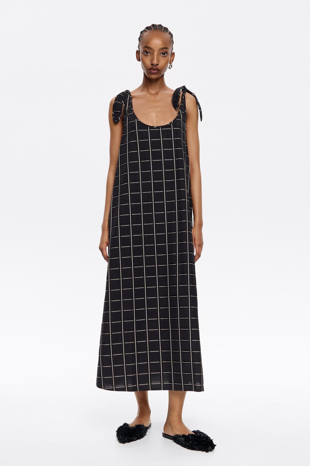 Black checked A-line tie dress