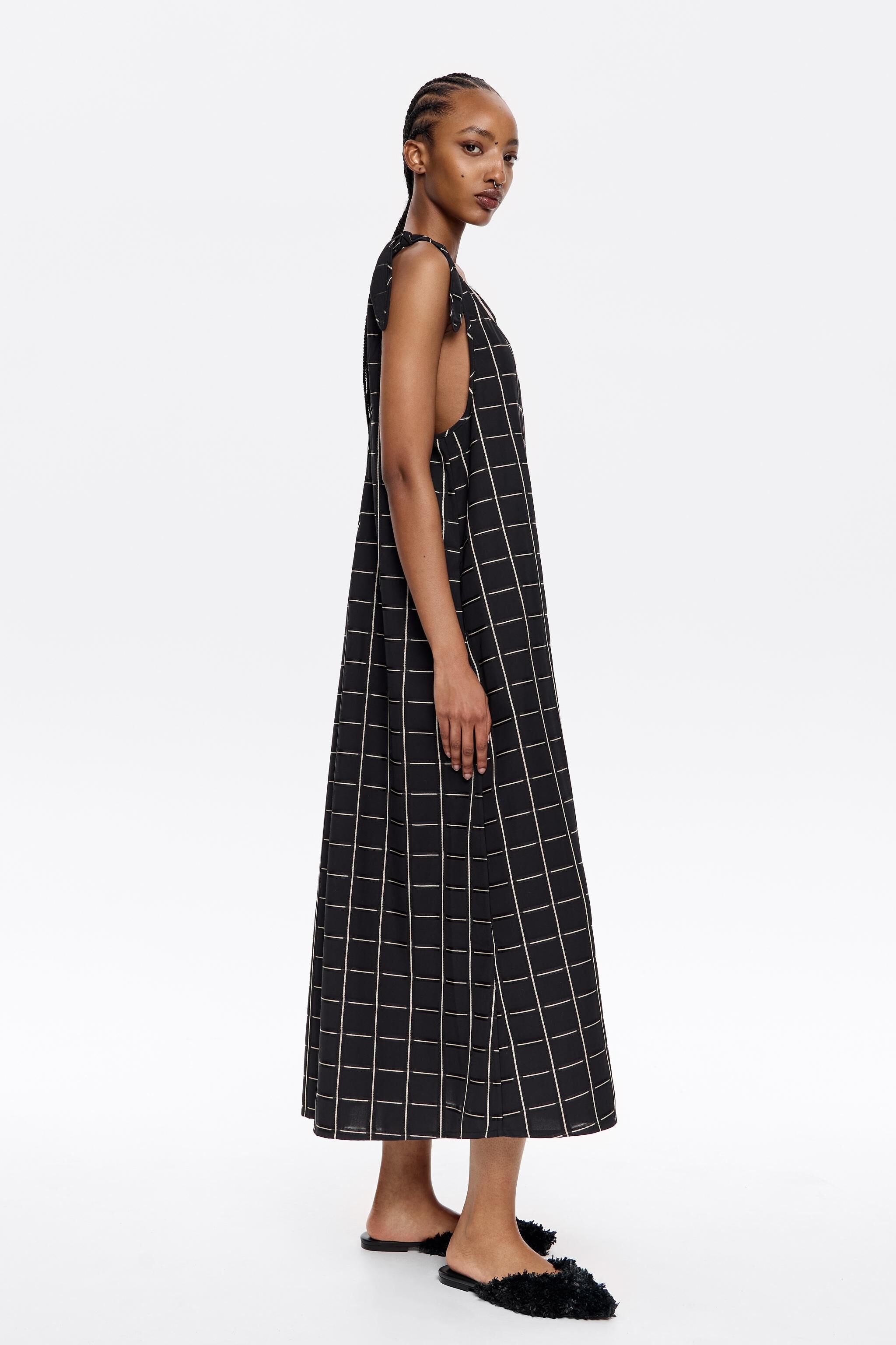 Black checked A-line tie dress