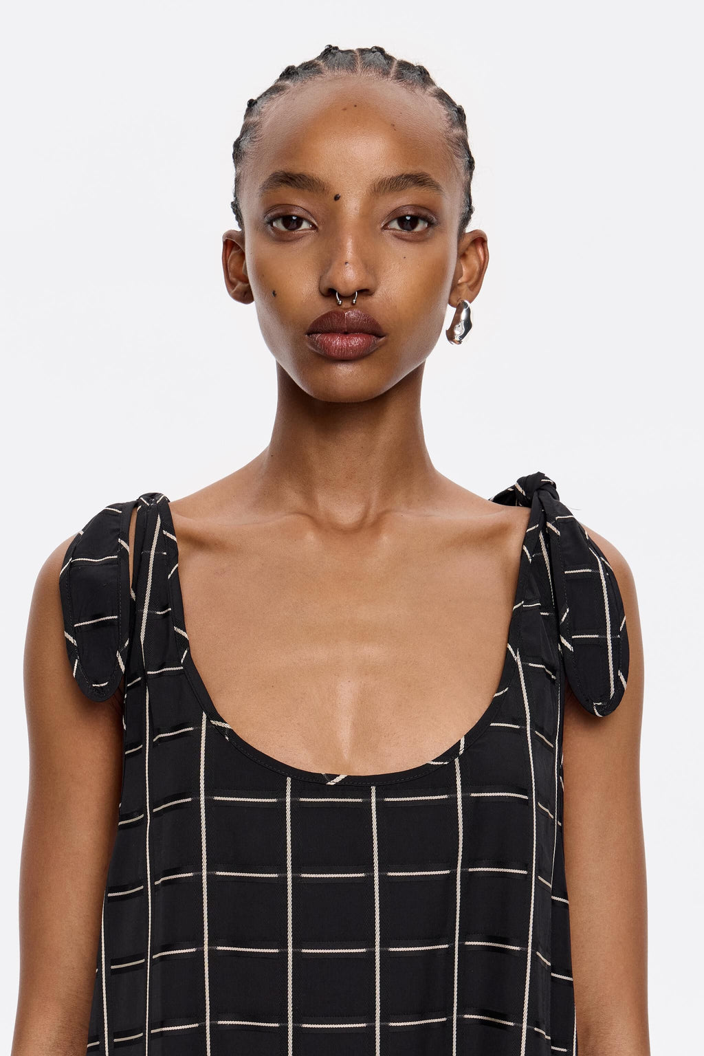 Black checked A-line tie dress