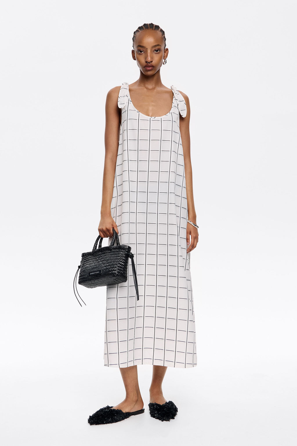 Ivory checked A-line tie dress