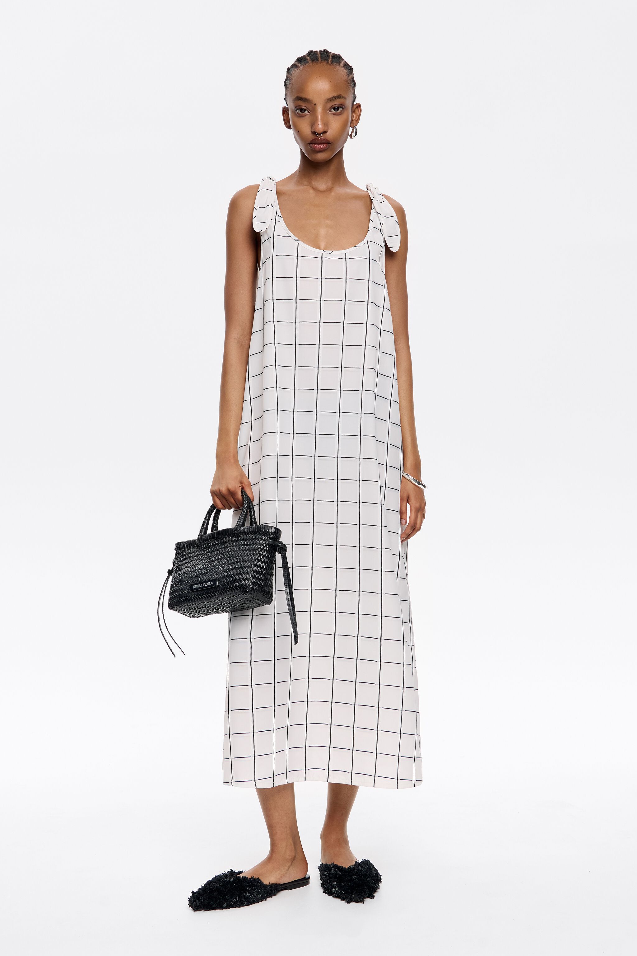 Ivory checked A-line tie dress