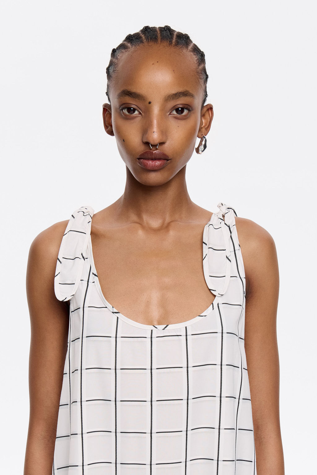 Ivory checked A-line tie dress