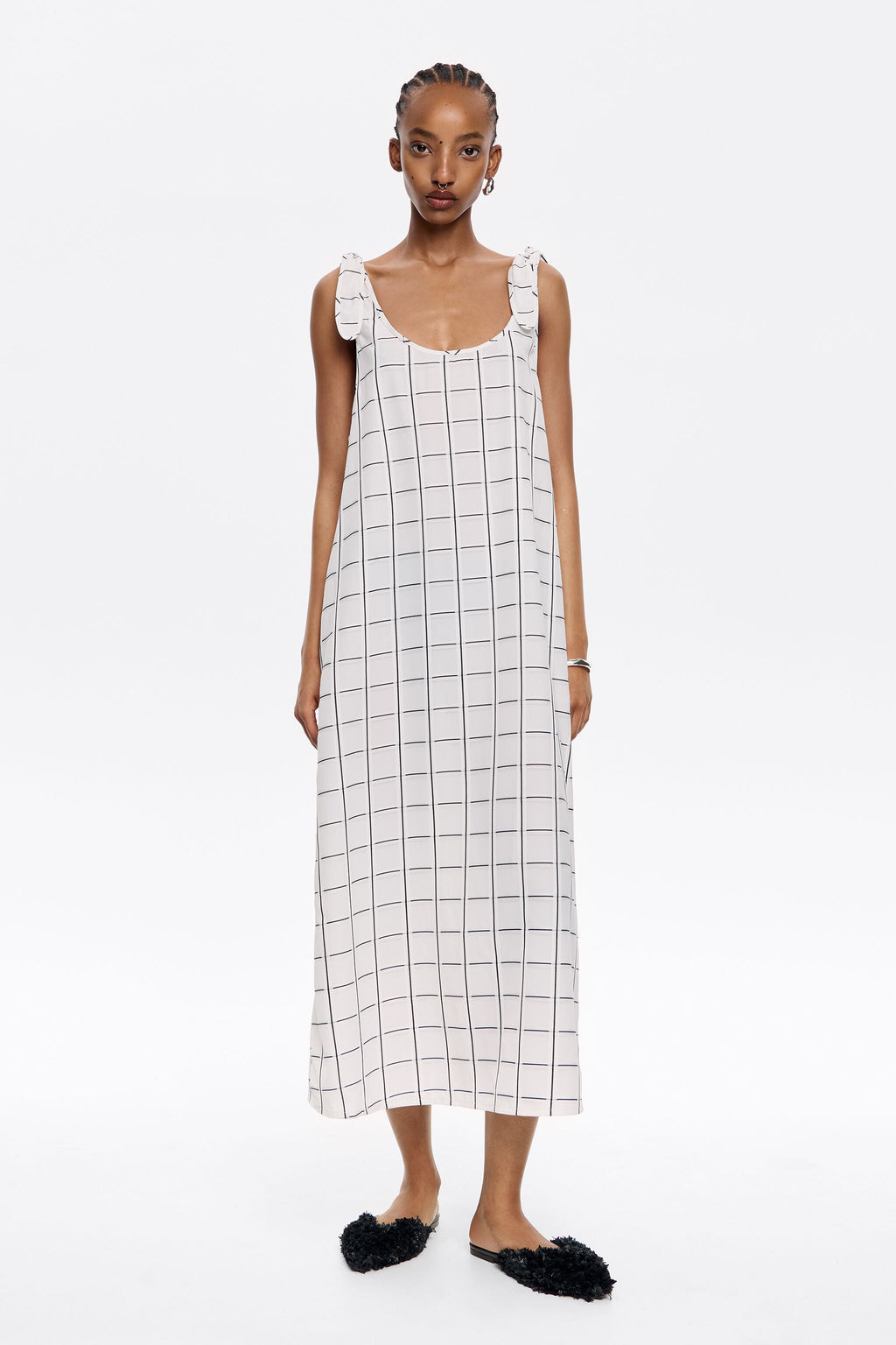 Ivory checked A-line tie dress