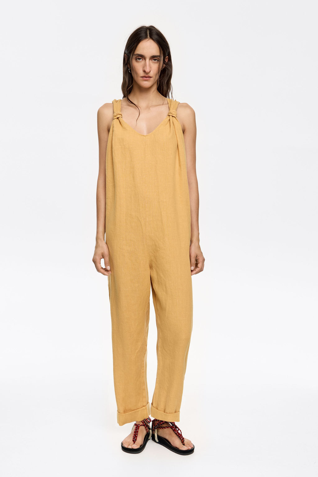 Mustard washed linen jumpsuit