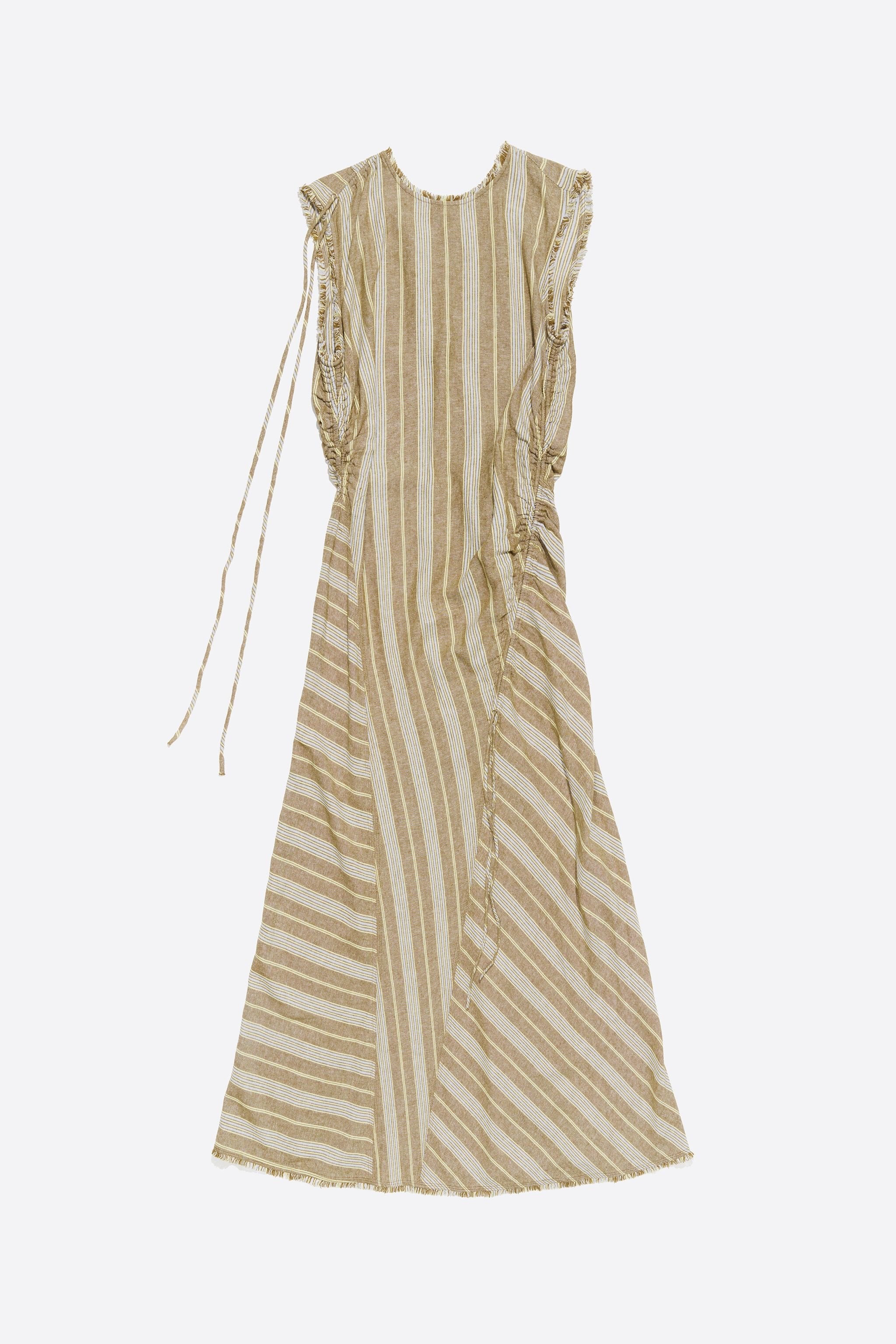 Long striped olive frayed linen dress