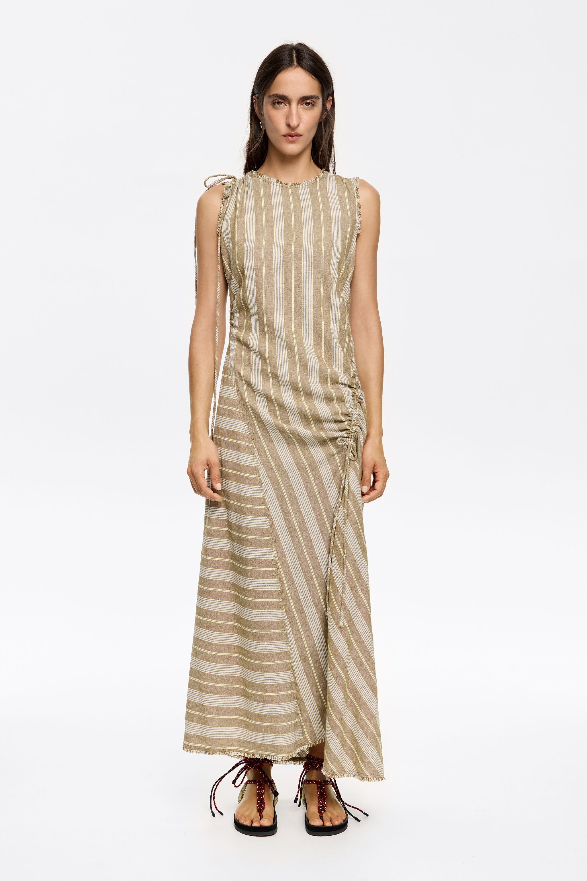 Long striped olive frayed linen dress
