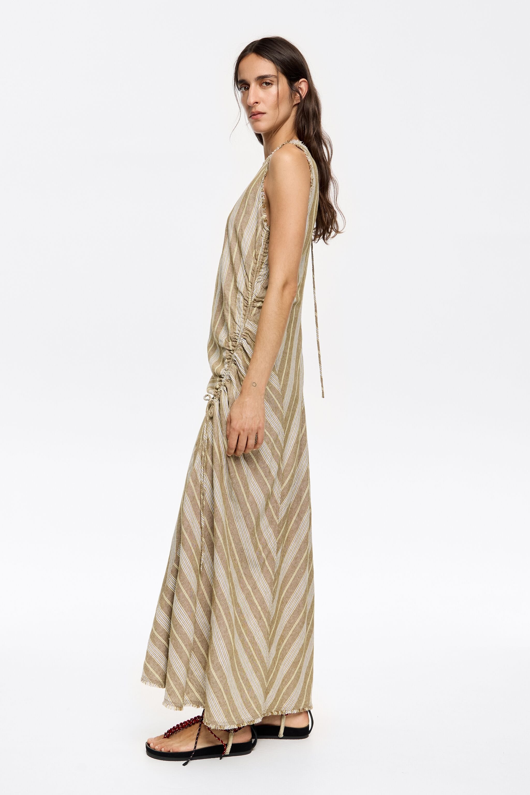Long striped olive frayed linen dress