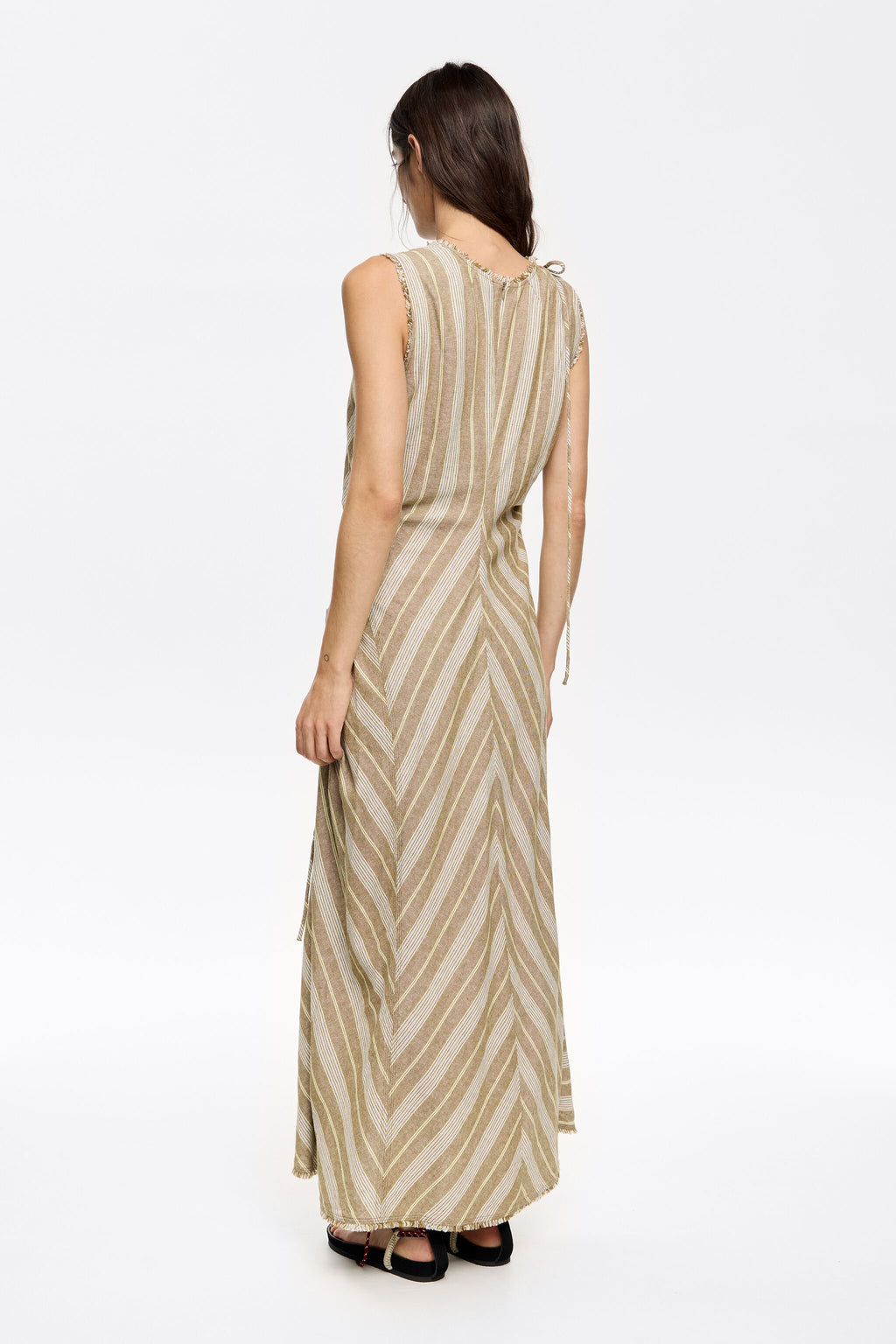 Long striped olive frayed linen dress
