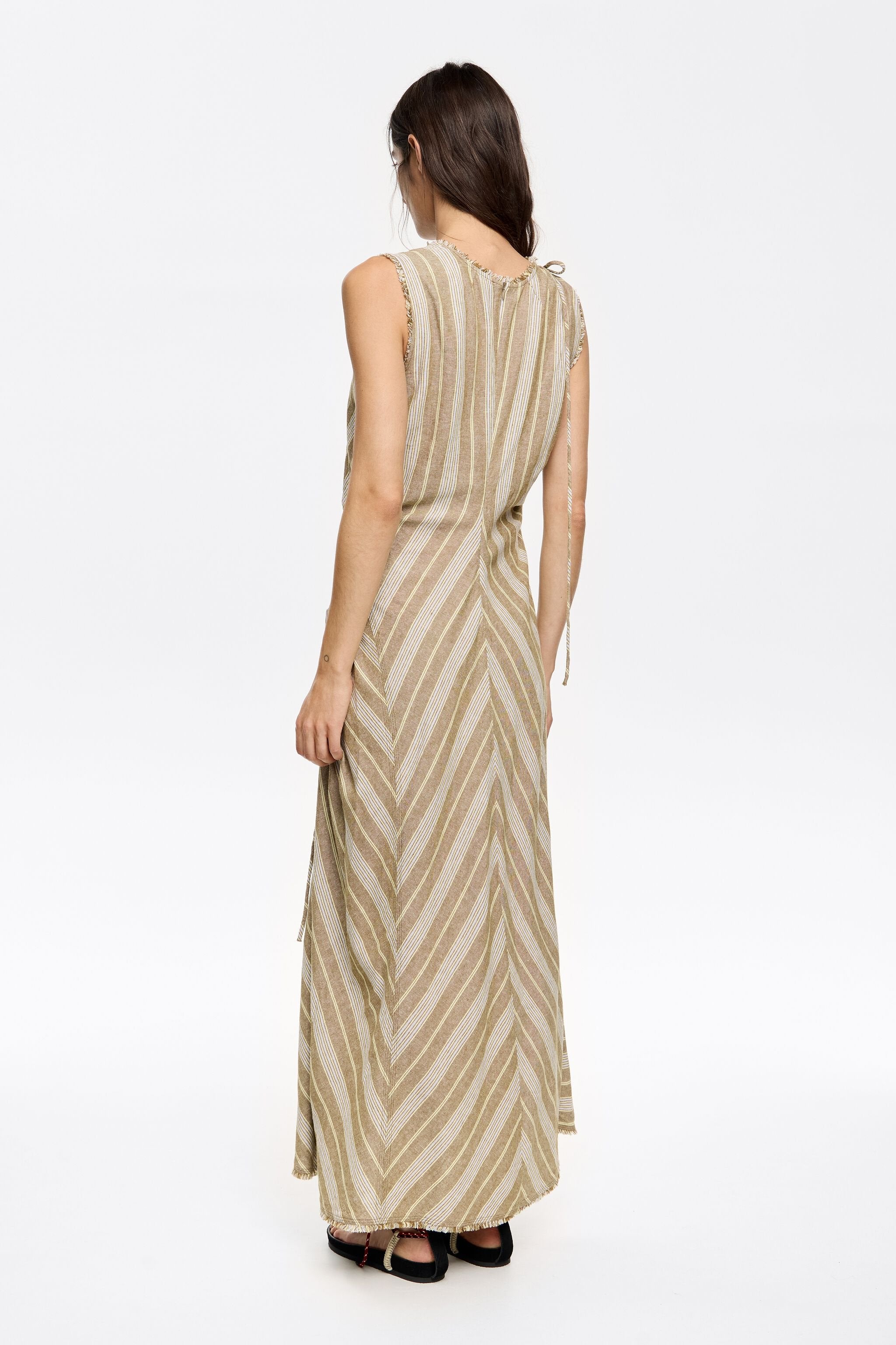 Long striped olive frayed linen dress