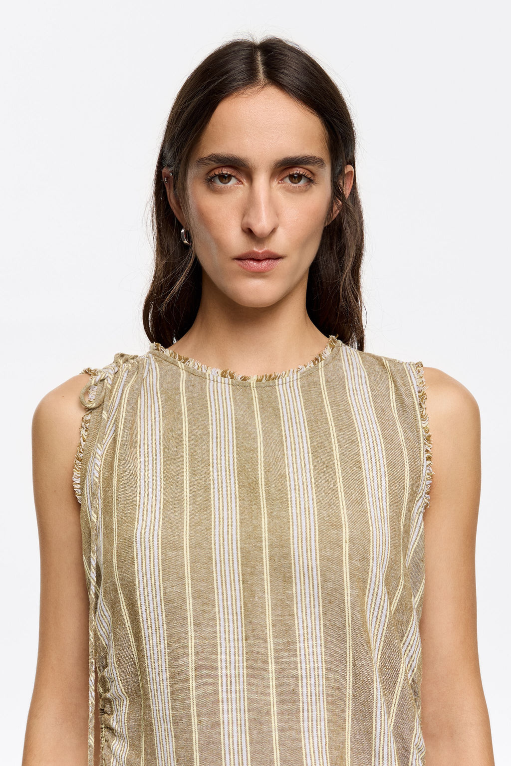 Long striped olive frayed linen dress