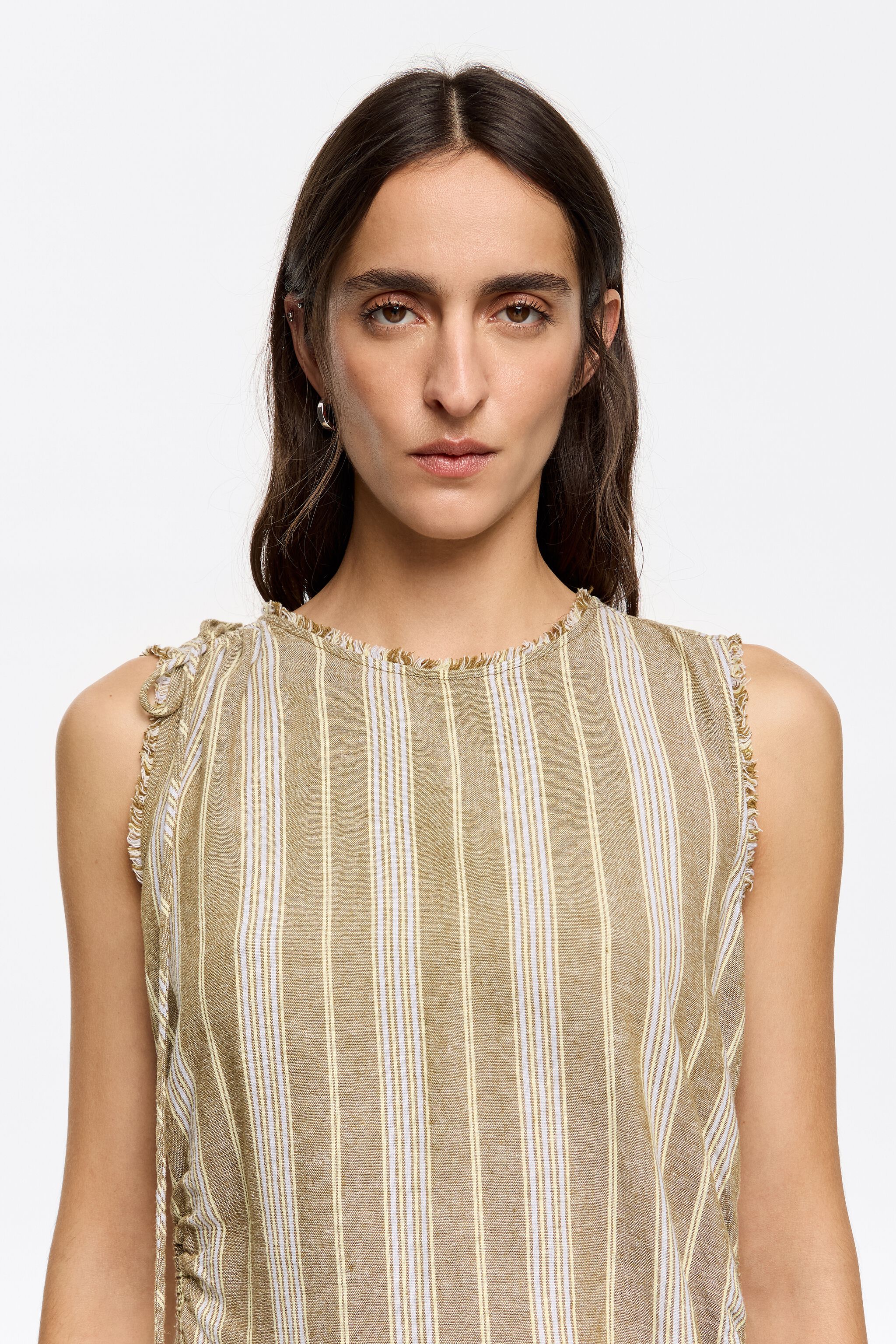 Long striped olive frayed linen dress