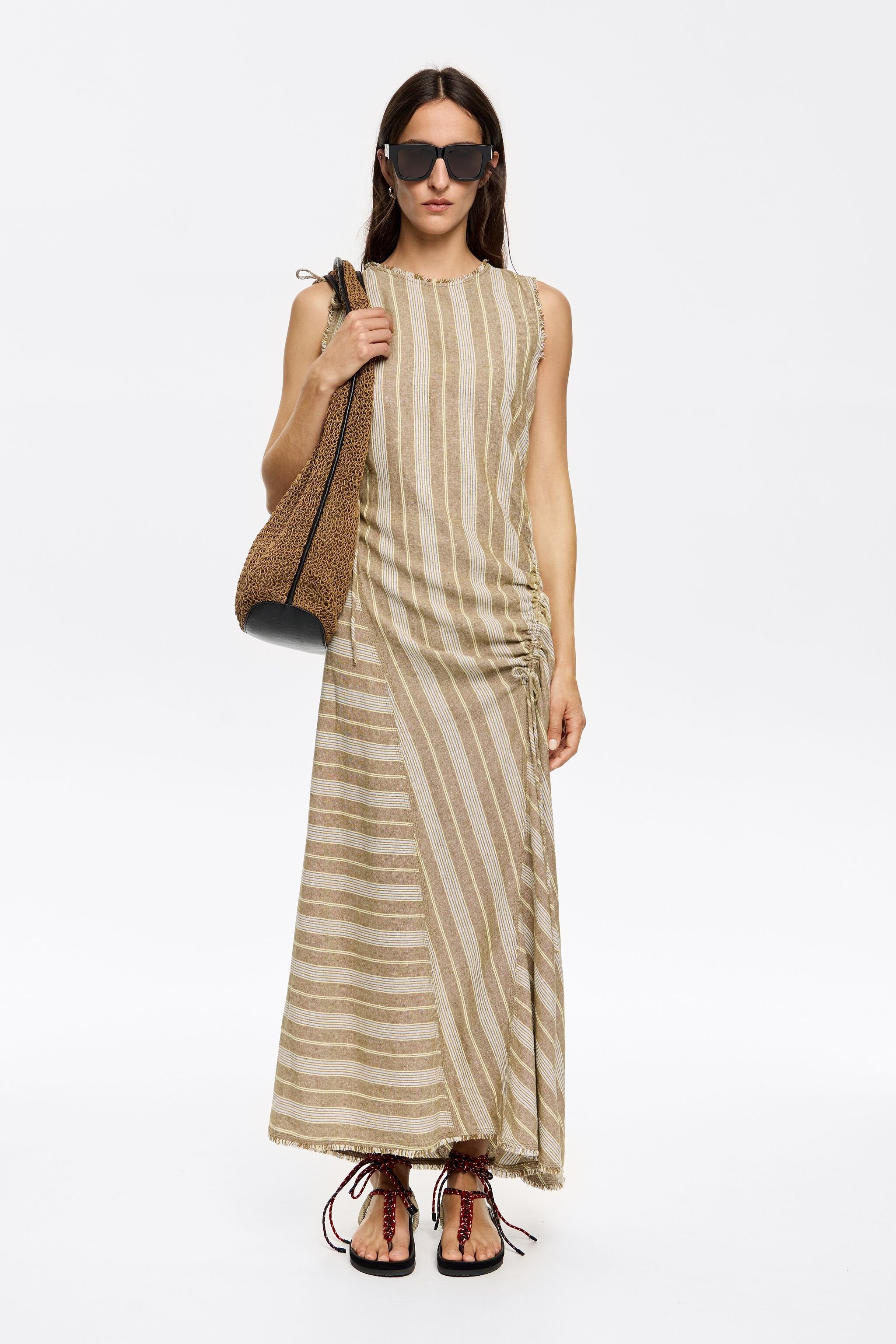 Long striped olive frayed linen dress
