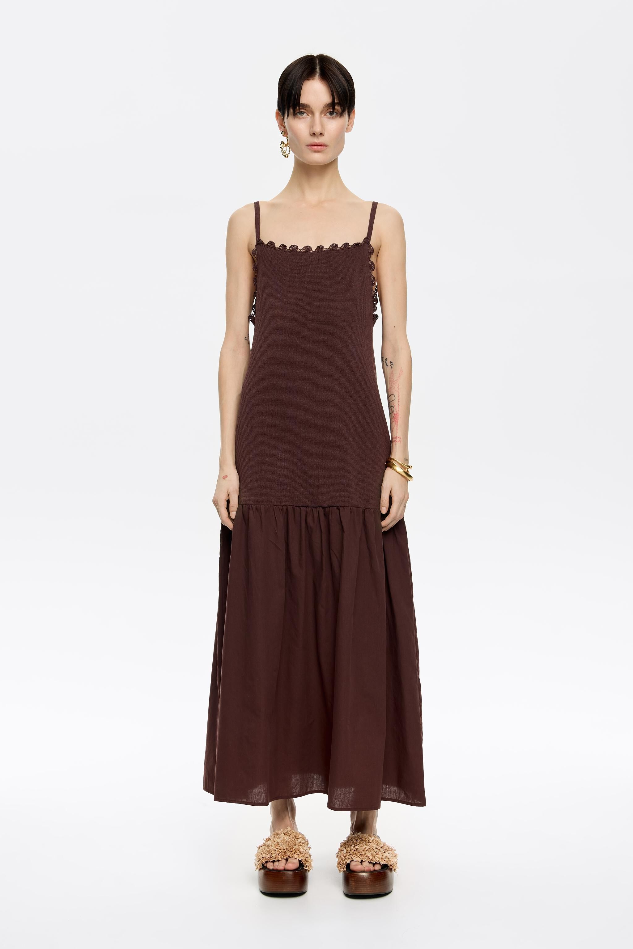 Dark brown two-material strappy dress
