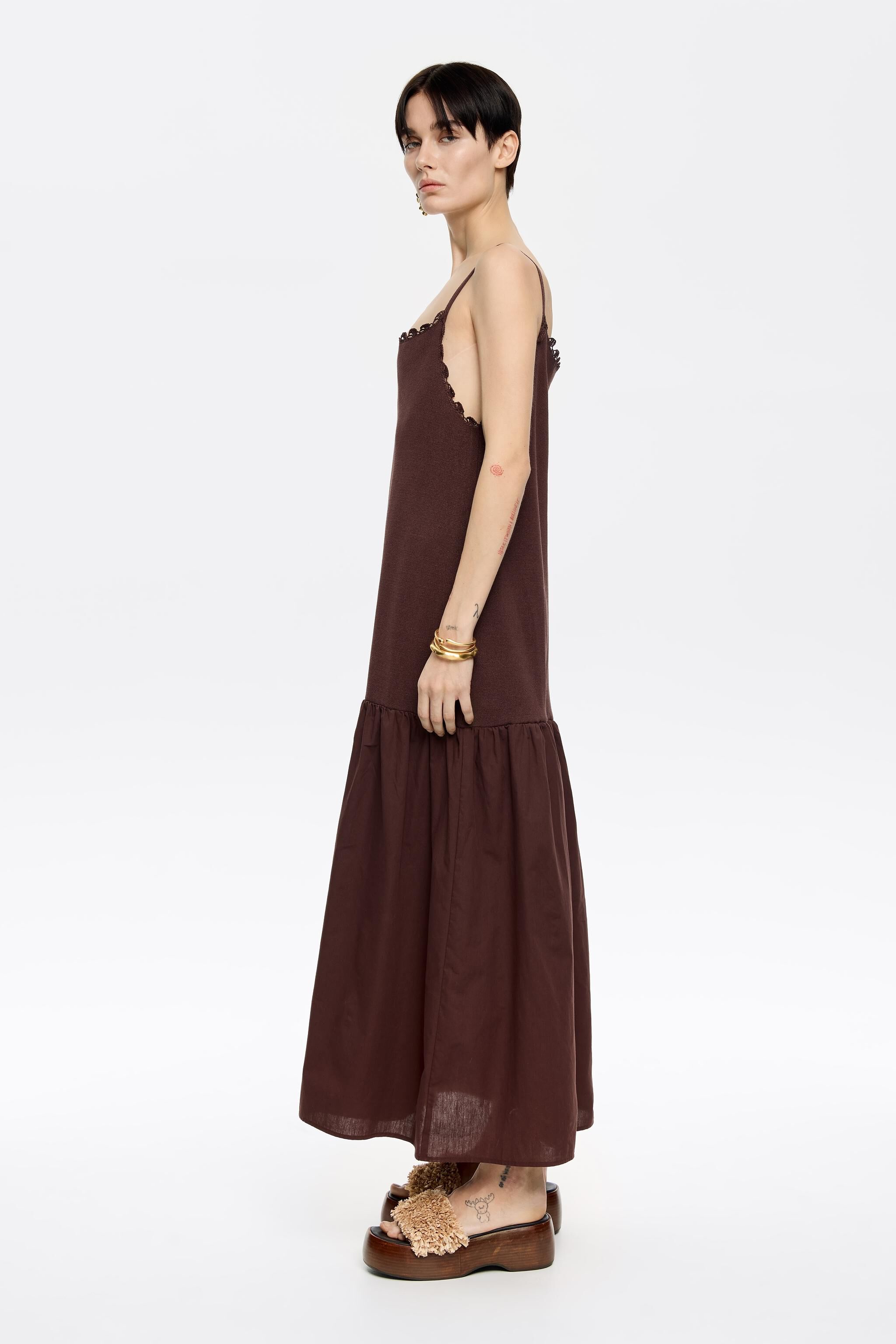 Dark brown two-material strappy dress