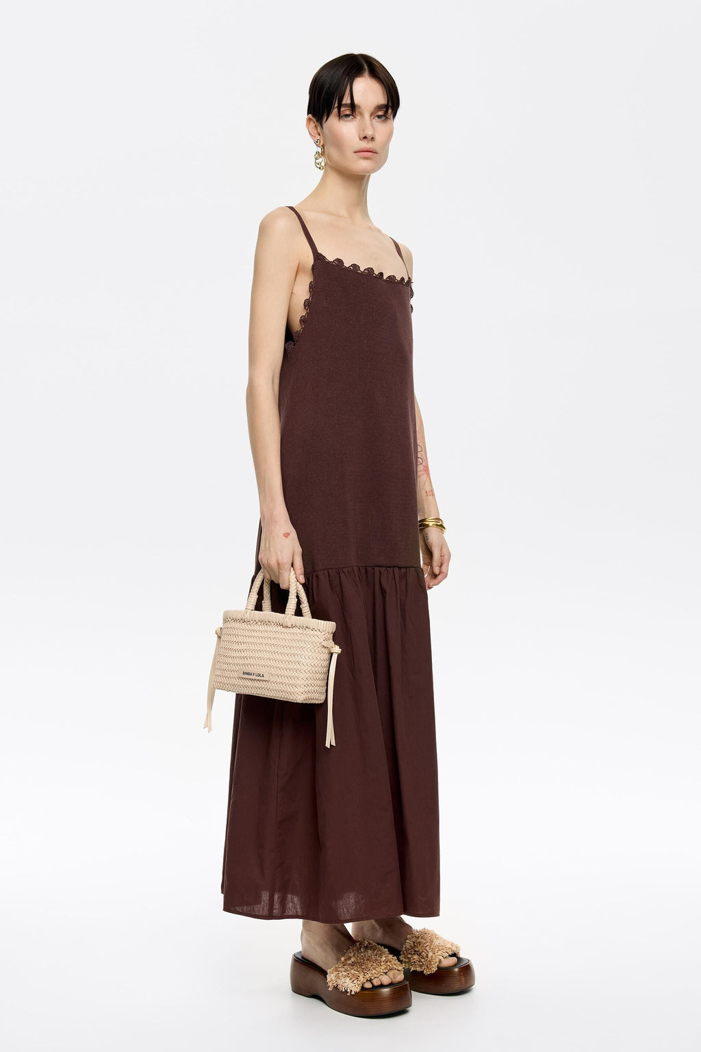 Dark brown two-material strappy dress