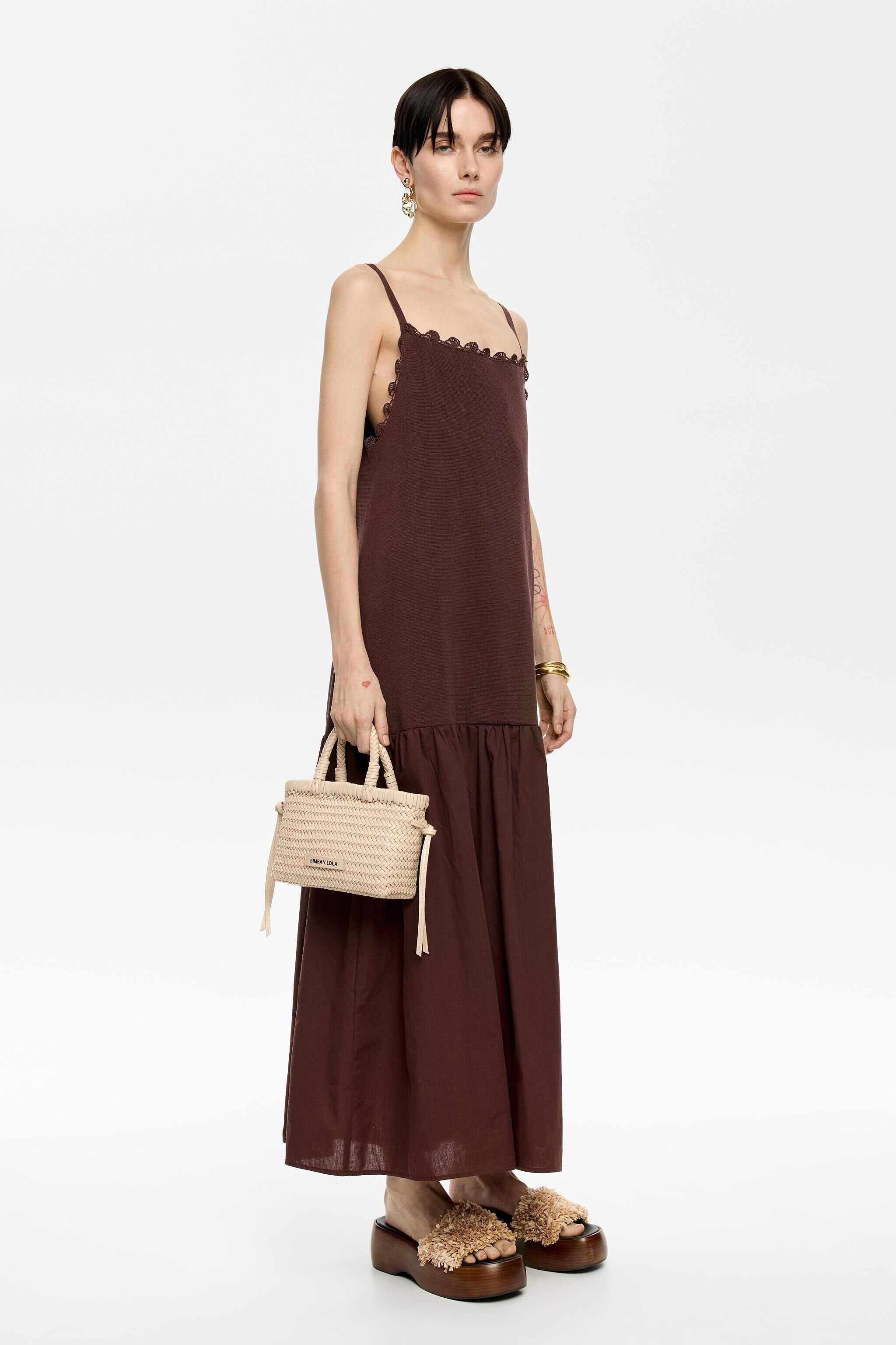 Dark brown two-material strappy dress