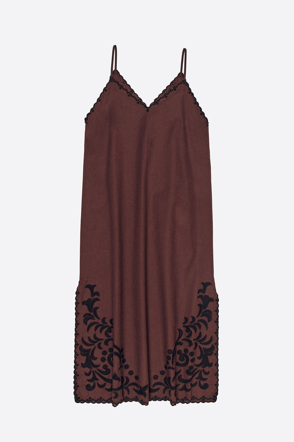 Dark brown embroidered linen dress