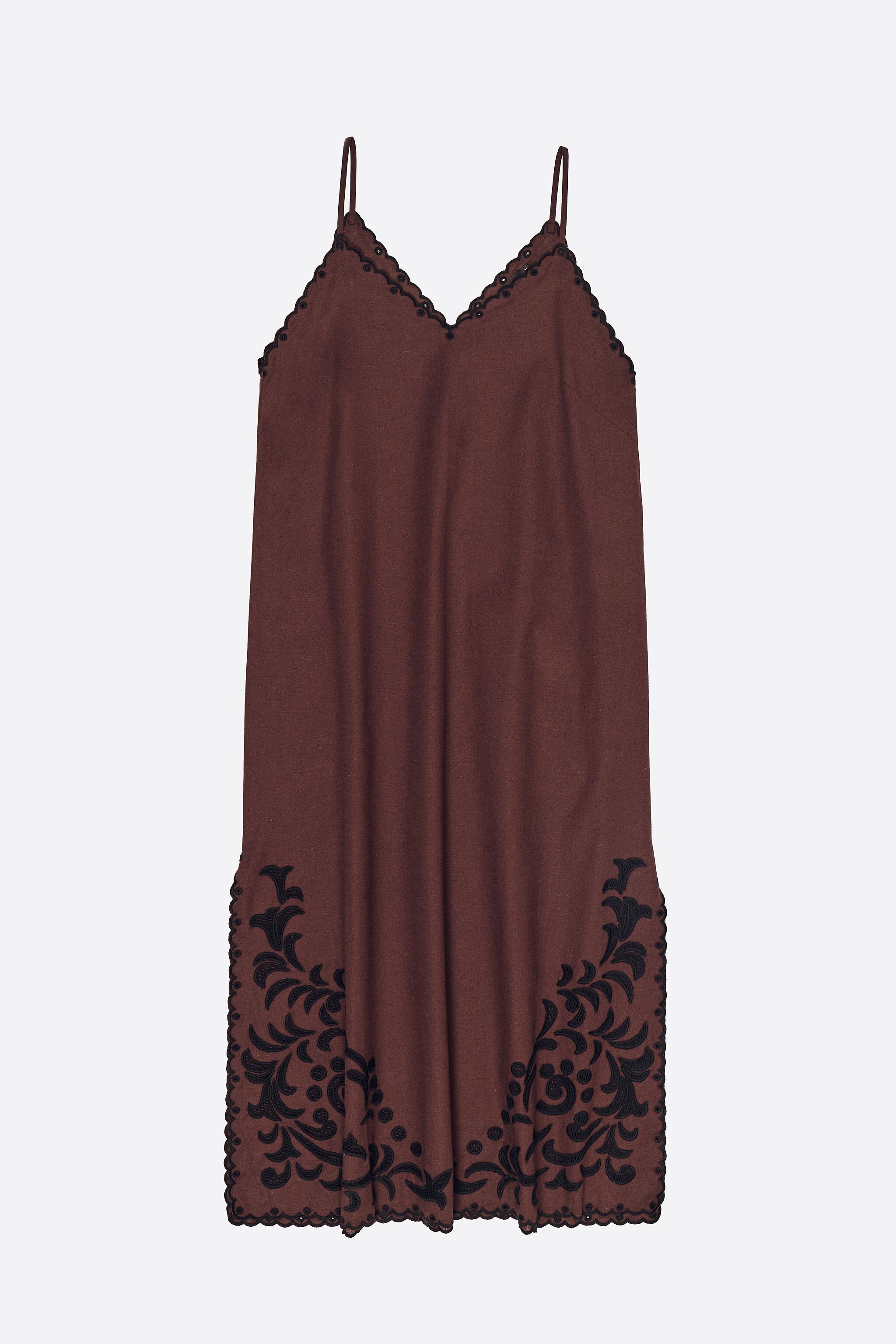 Dark brown embroidered linen dress