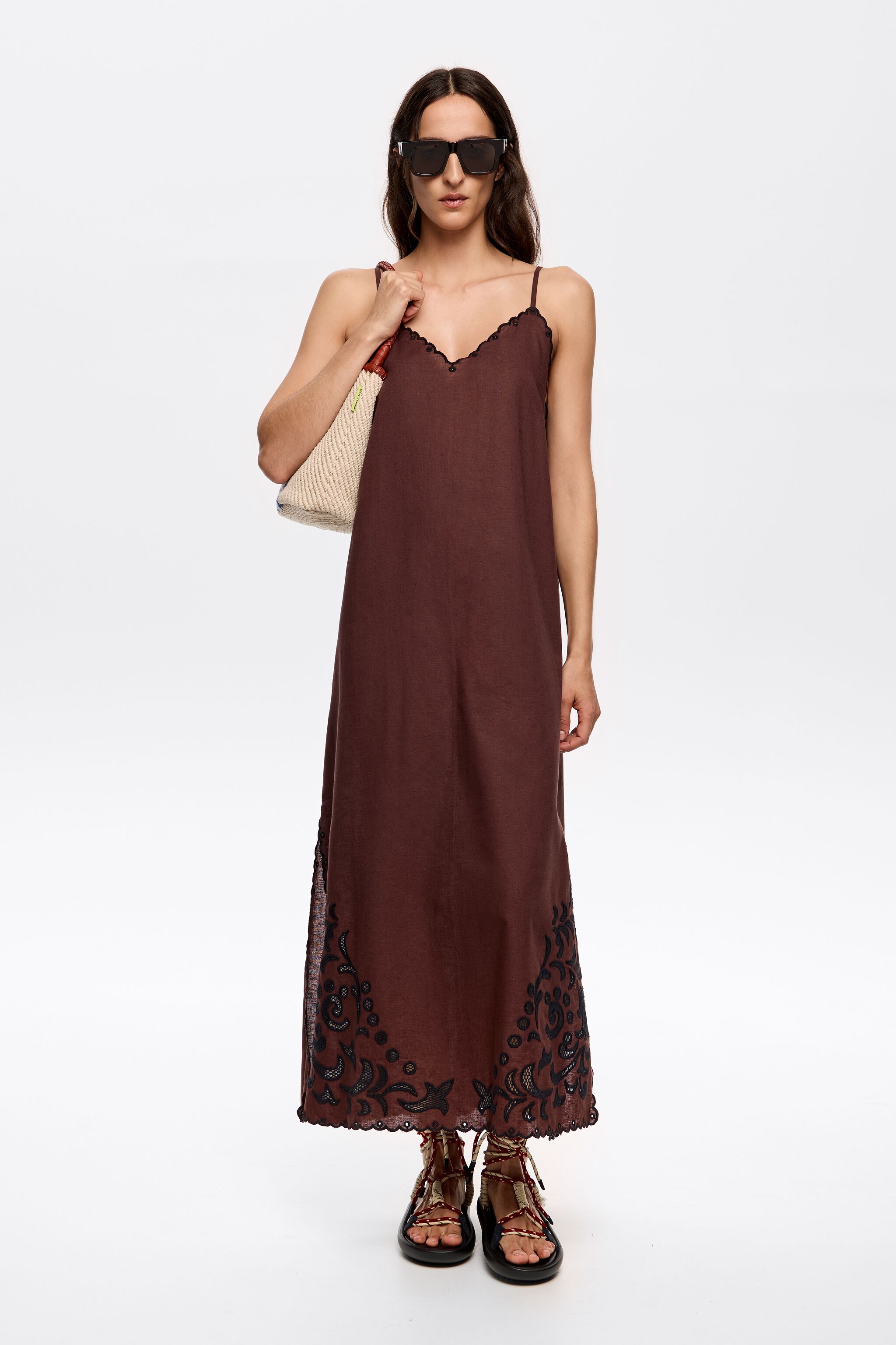Dark brown embroidered linen dress