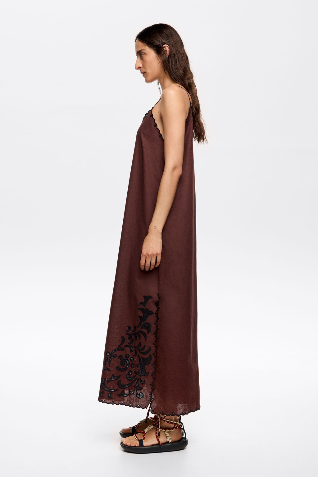 Dark brown embroidered linen dress