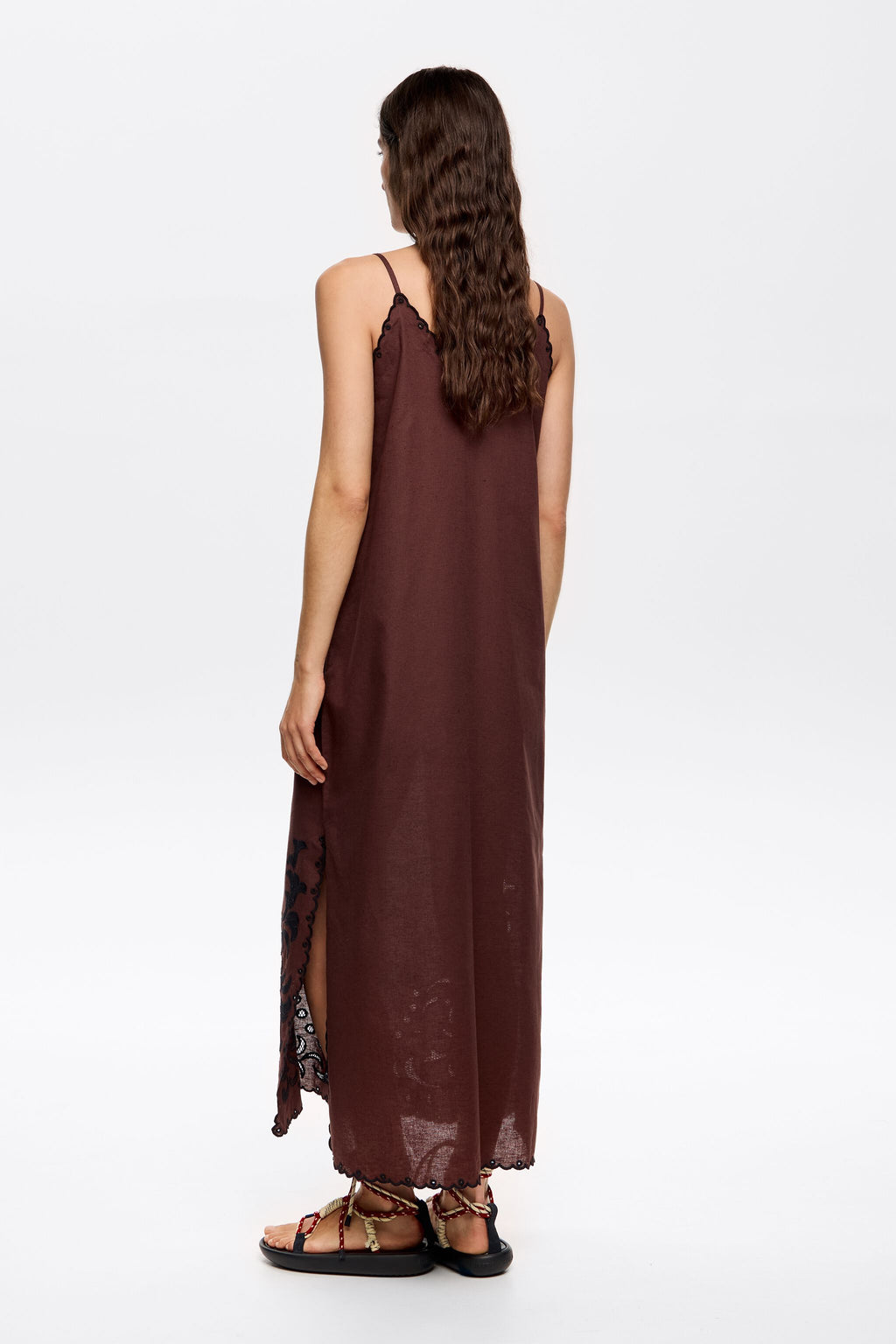 Dark brown embroidered linen dress