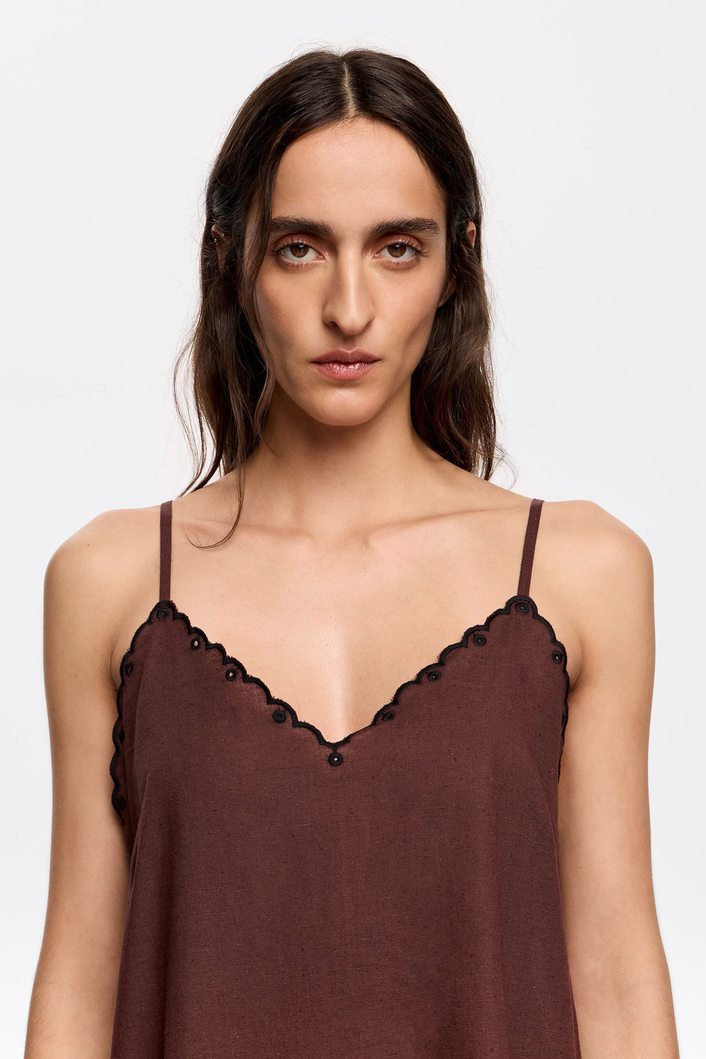 Dark brown embroidered linen dress