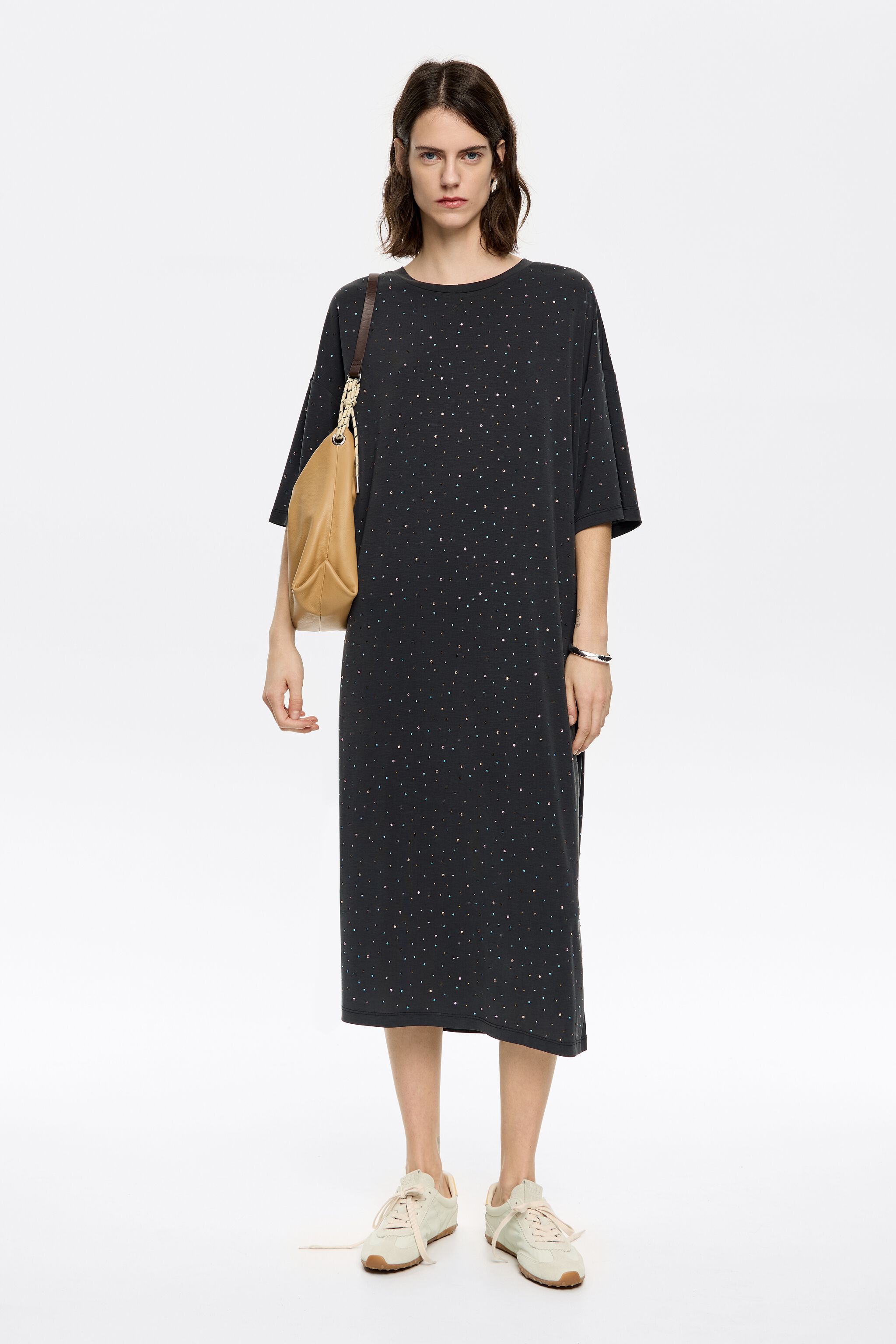 Black rhinestones fluid midi dress