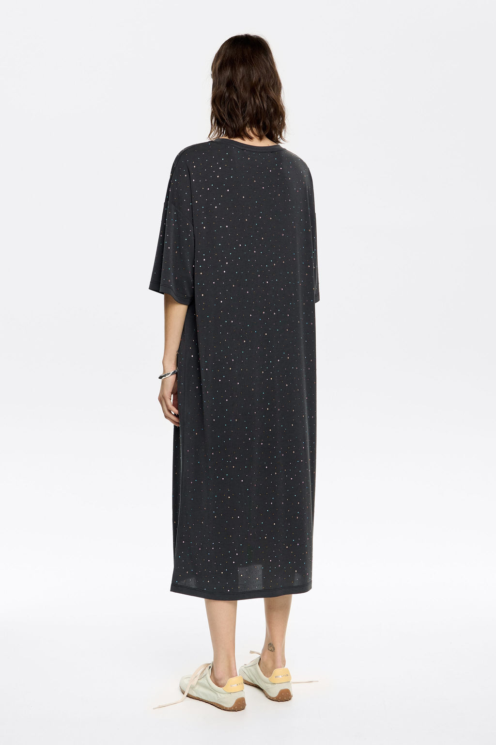 Black rhinestones fluid midi dress