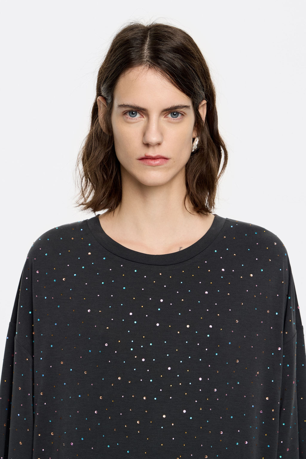 Black rhinestones fluid midi dress