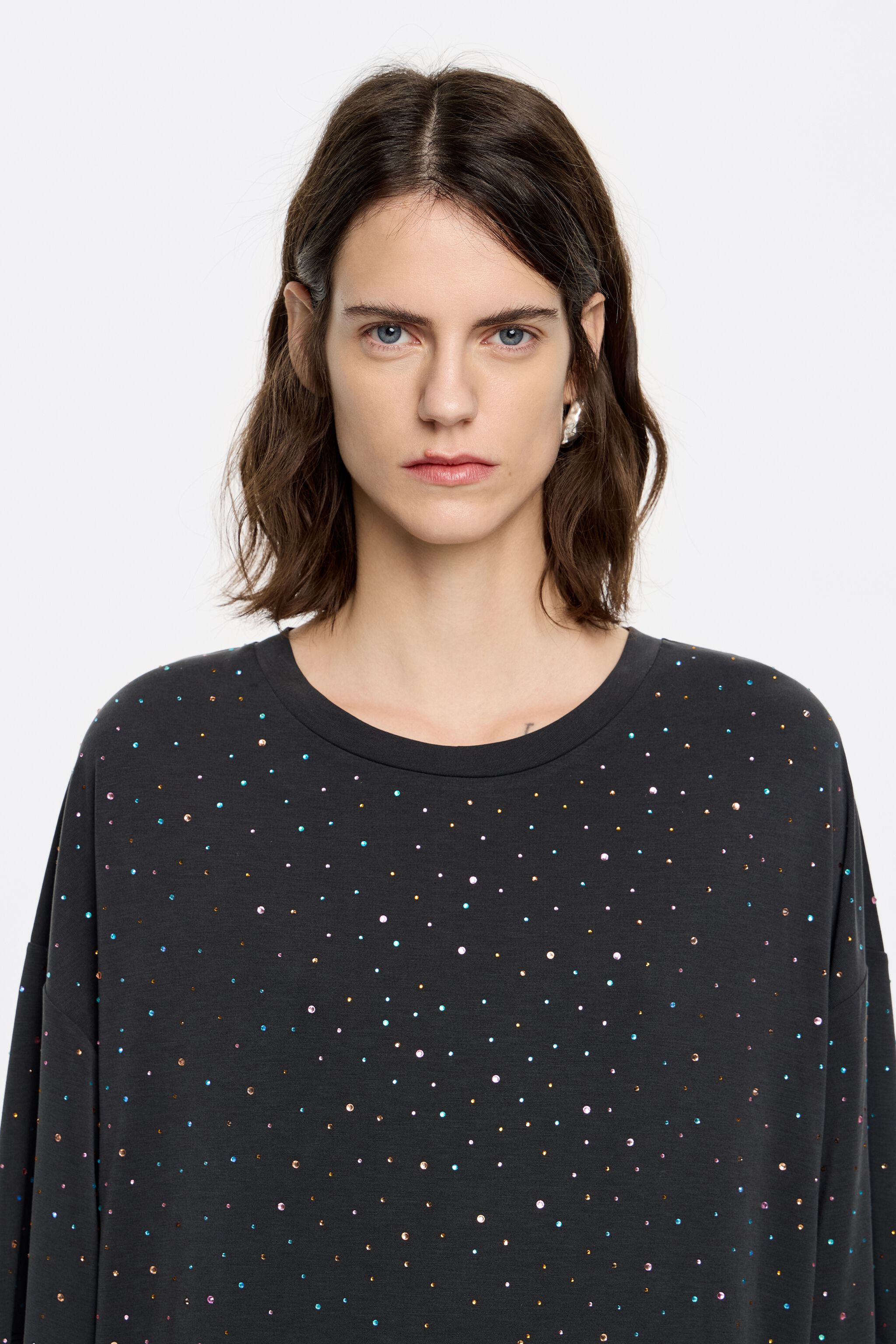 Black rhinestones fluid midi dress