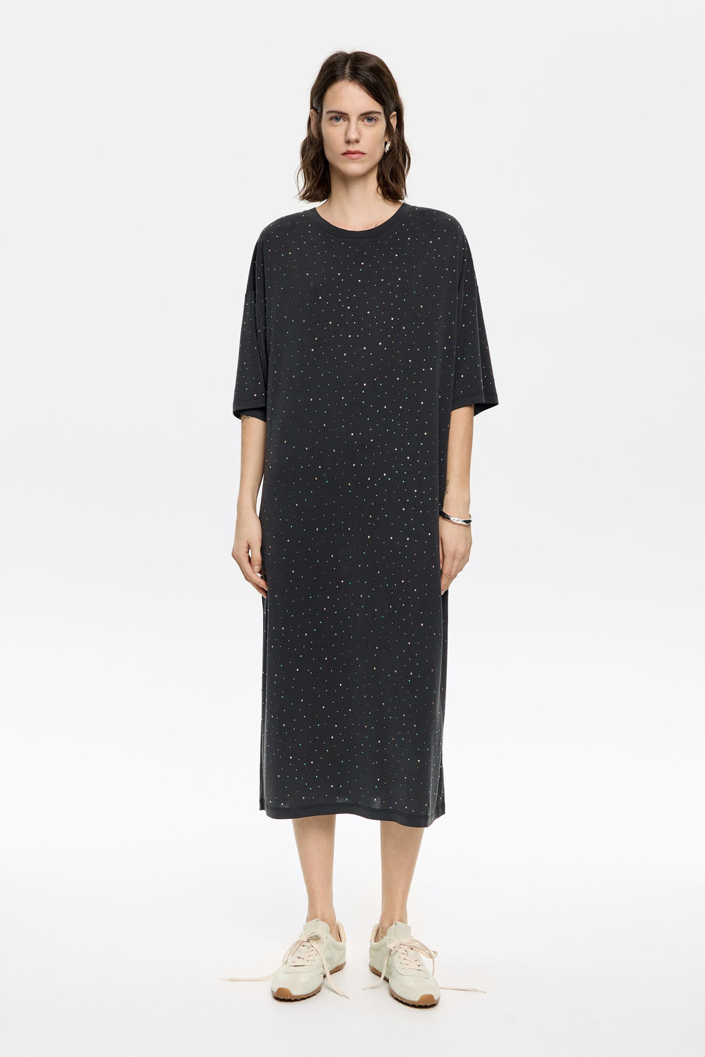 Black rhinestones fluid midi dress