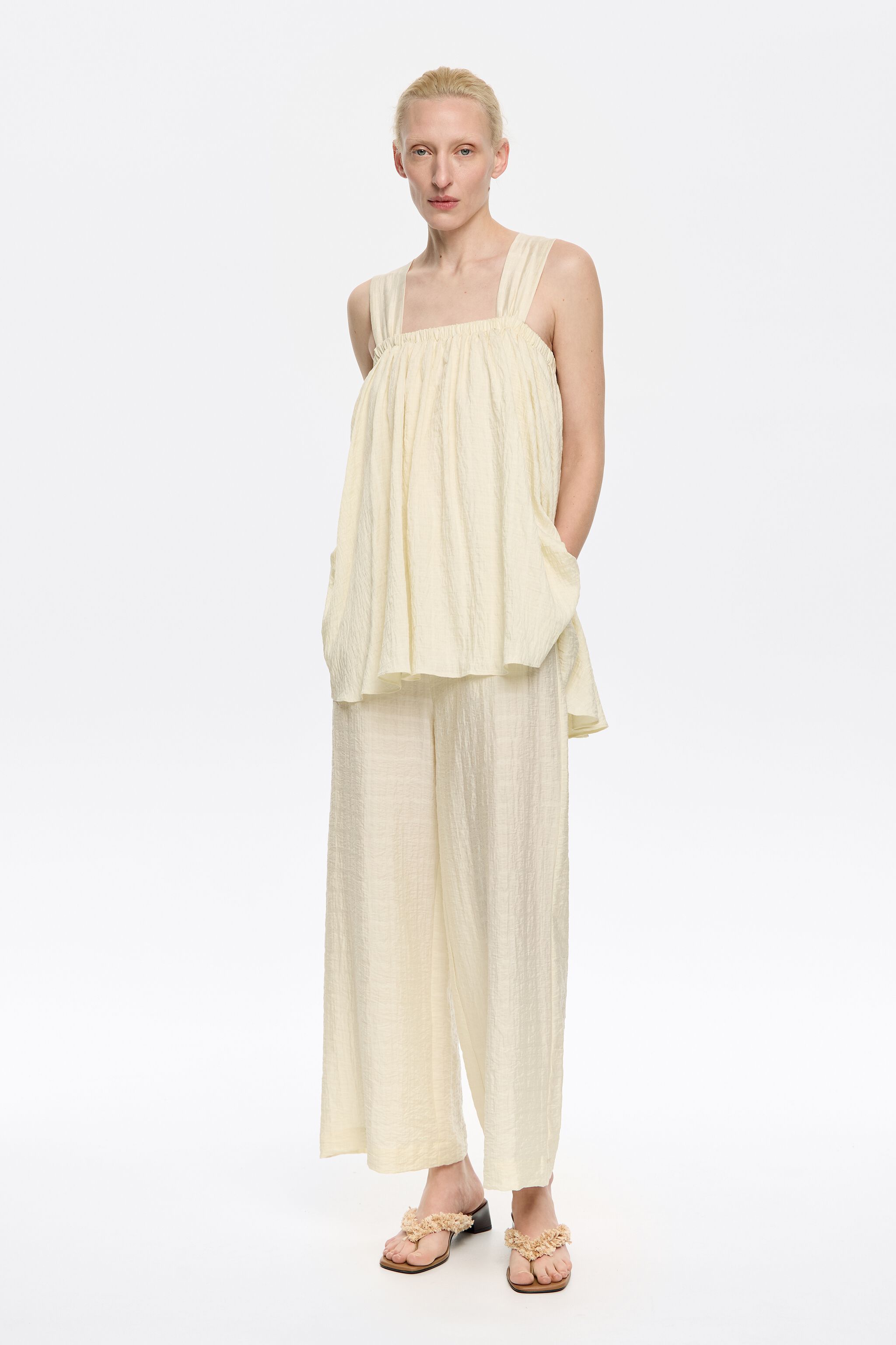 Butter yellow double-ruffle long jumpsuit