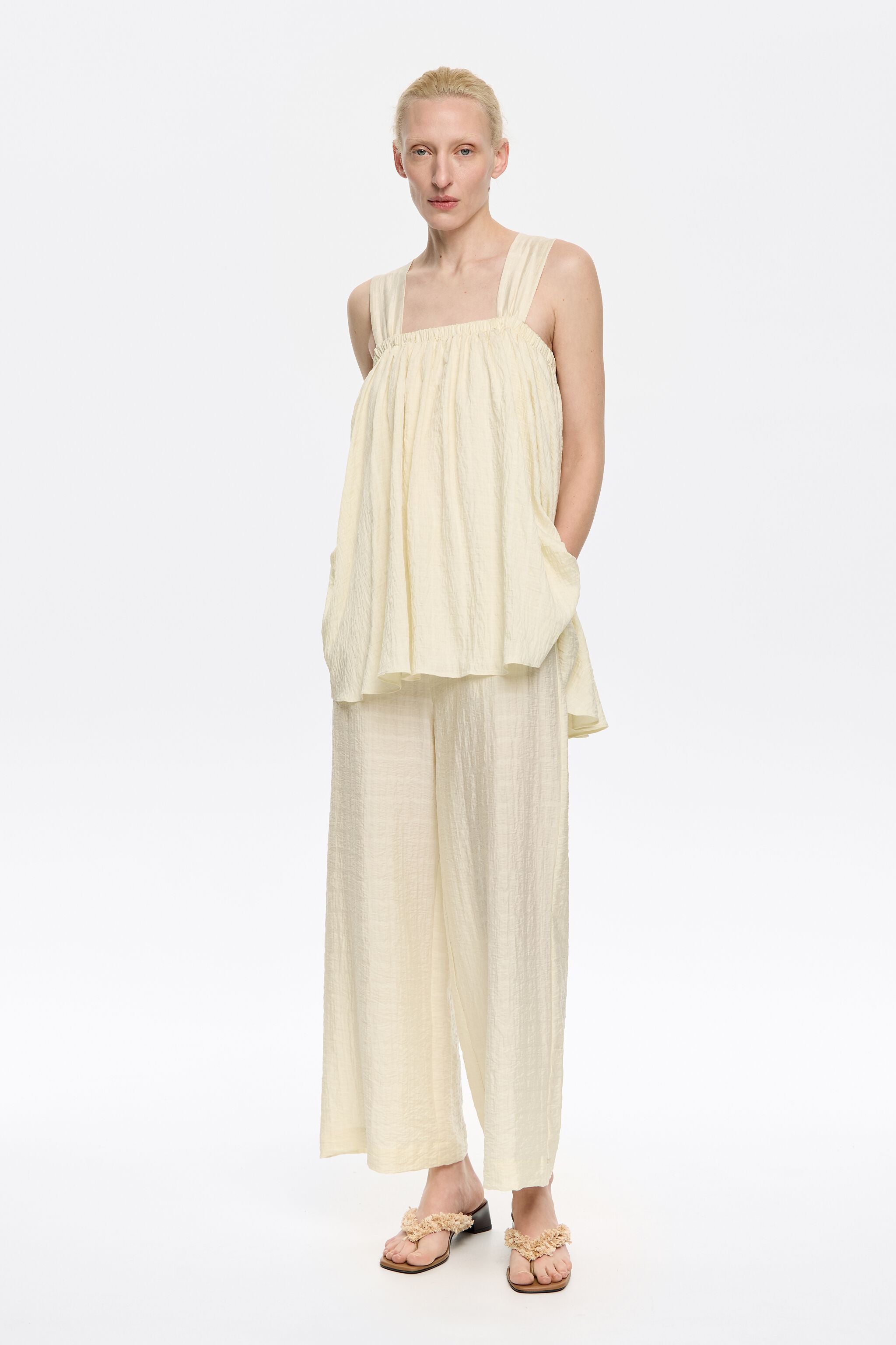 Butter yellow double-ruffle long jumpsuit