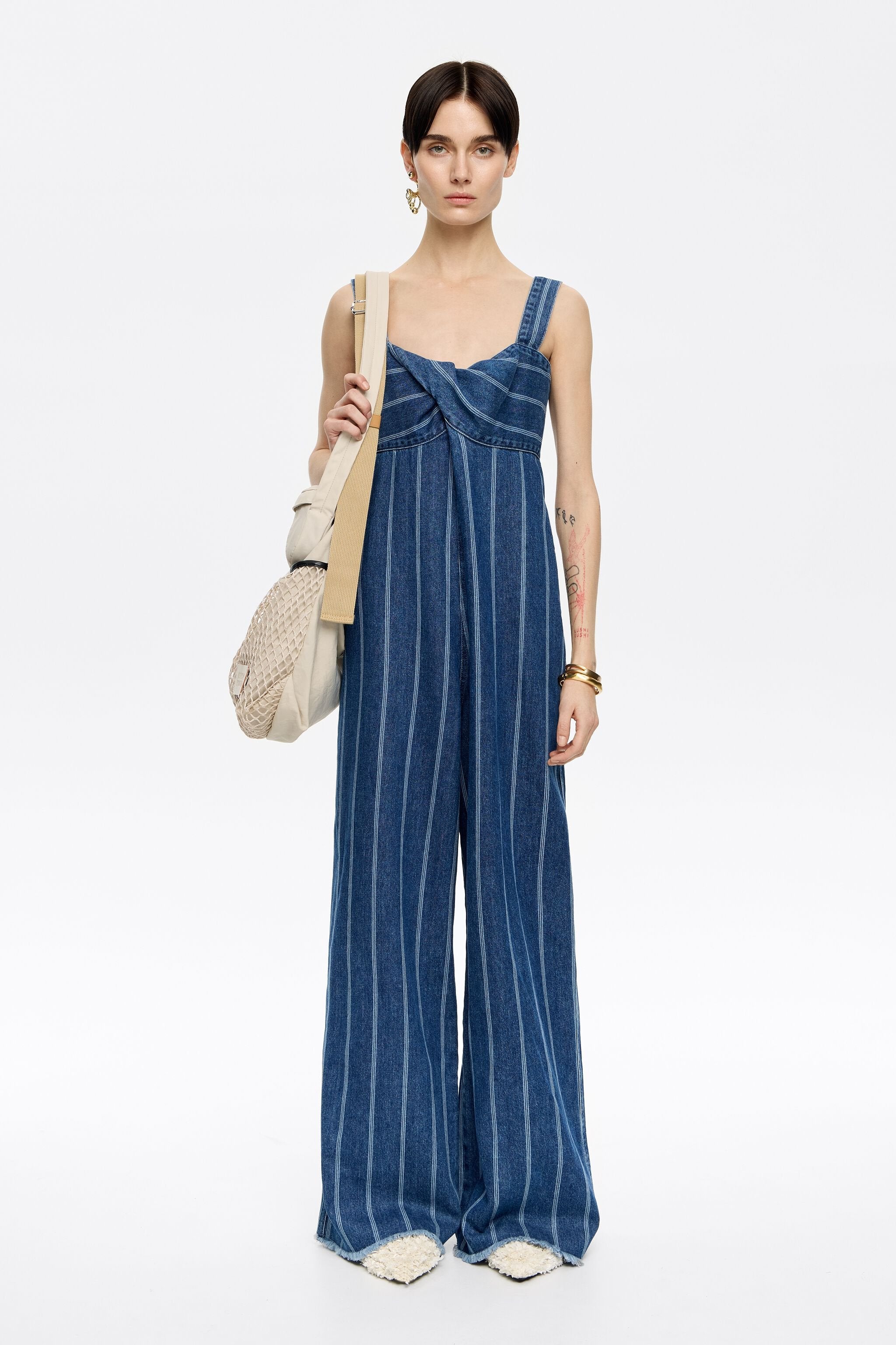 Blue striped denim jumpsuit