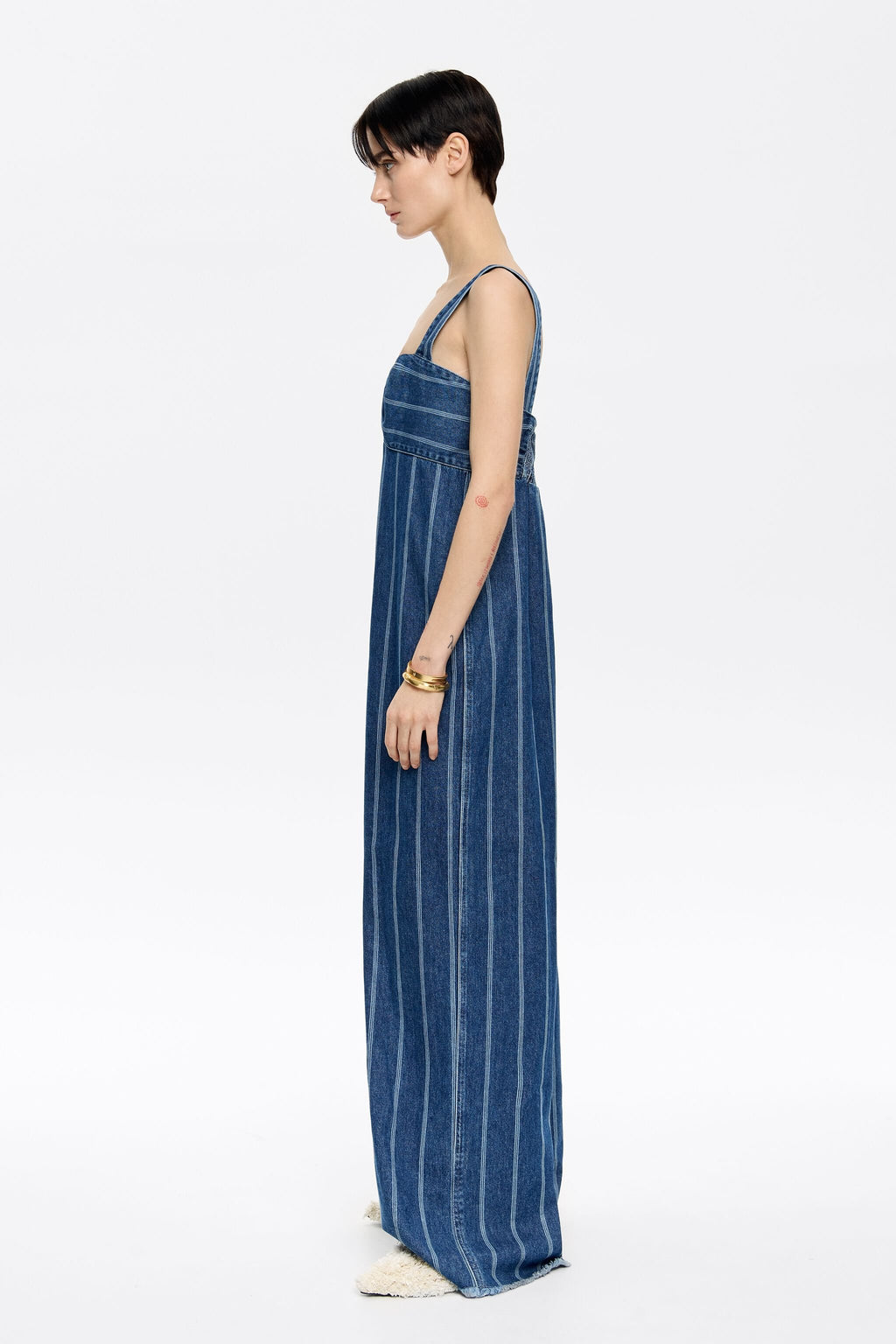 Blue striped denim jumpsuit