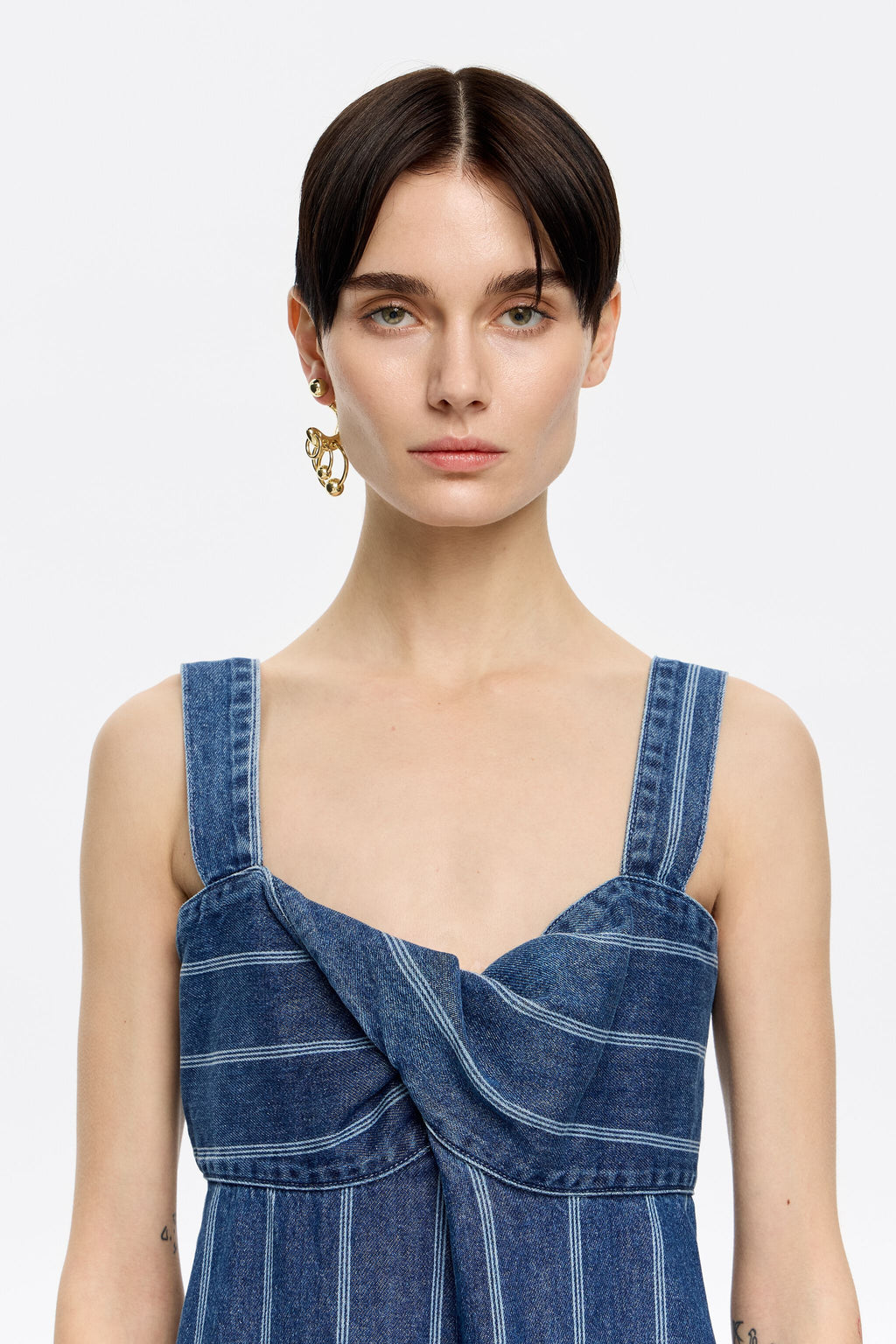 Blue striped denim jumpsuit