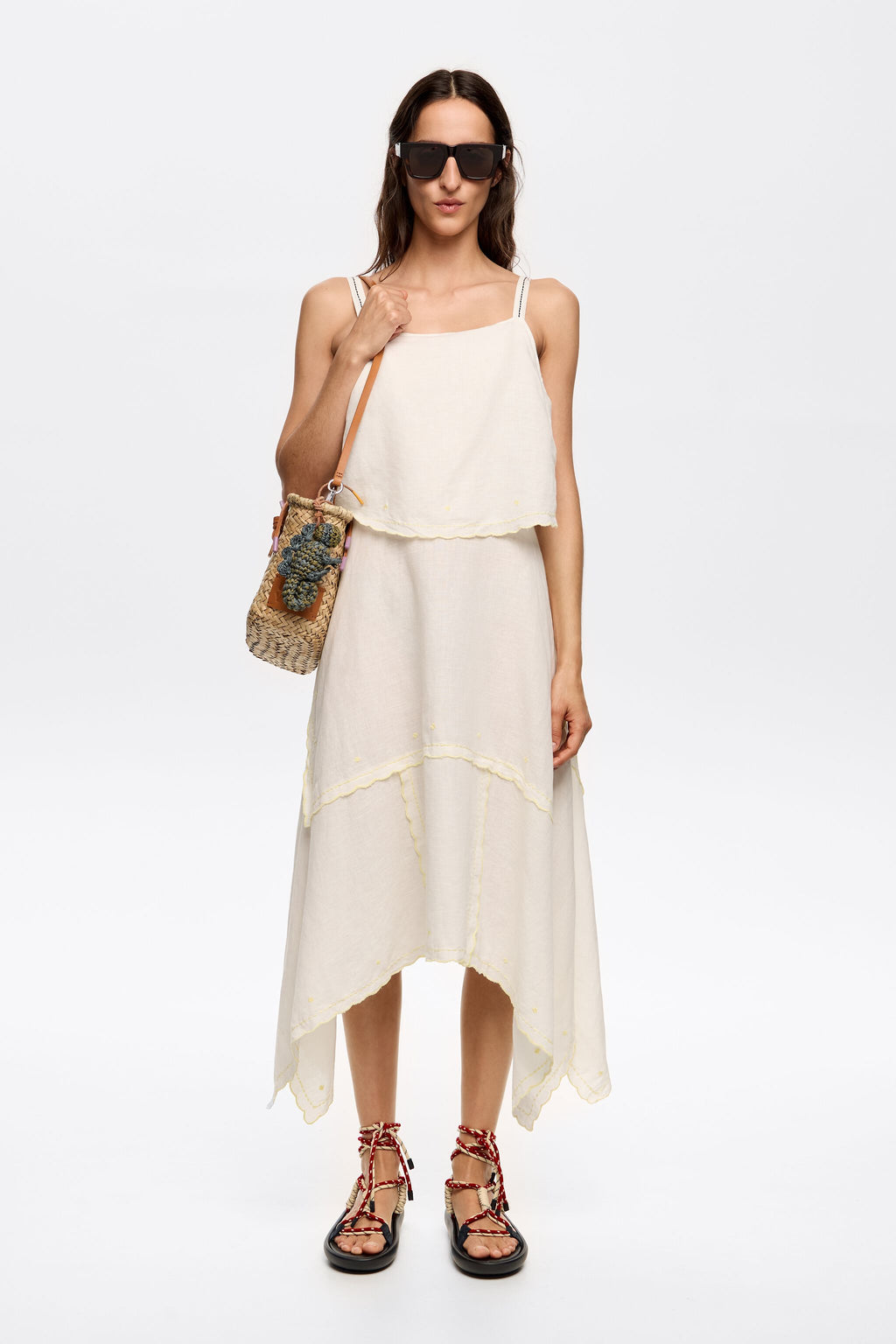 Cream linen overlapped dress