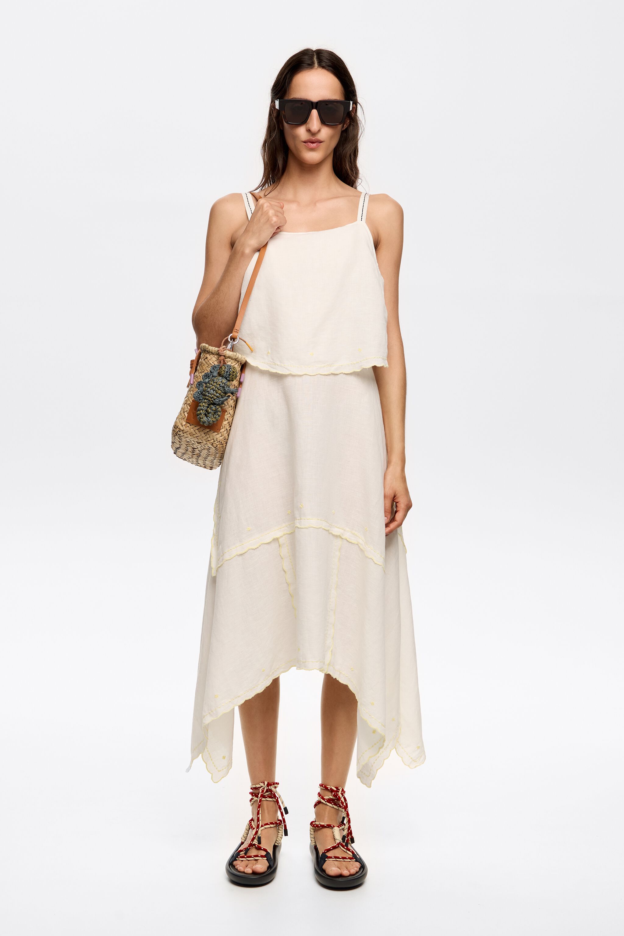 Cream linen overlapped dress